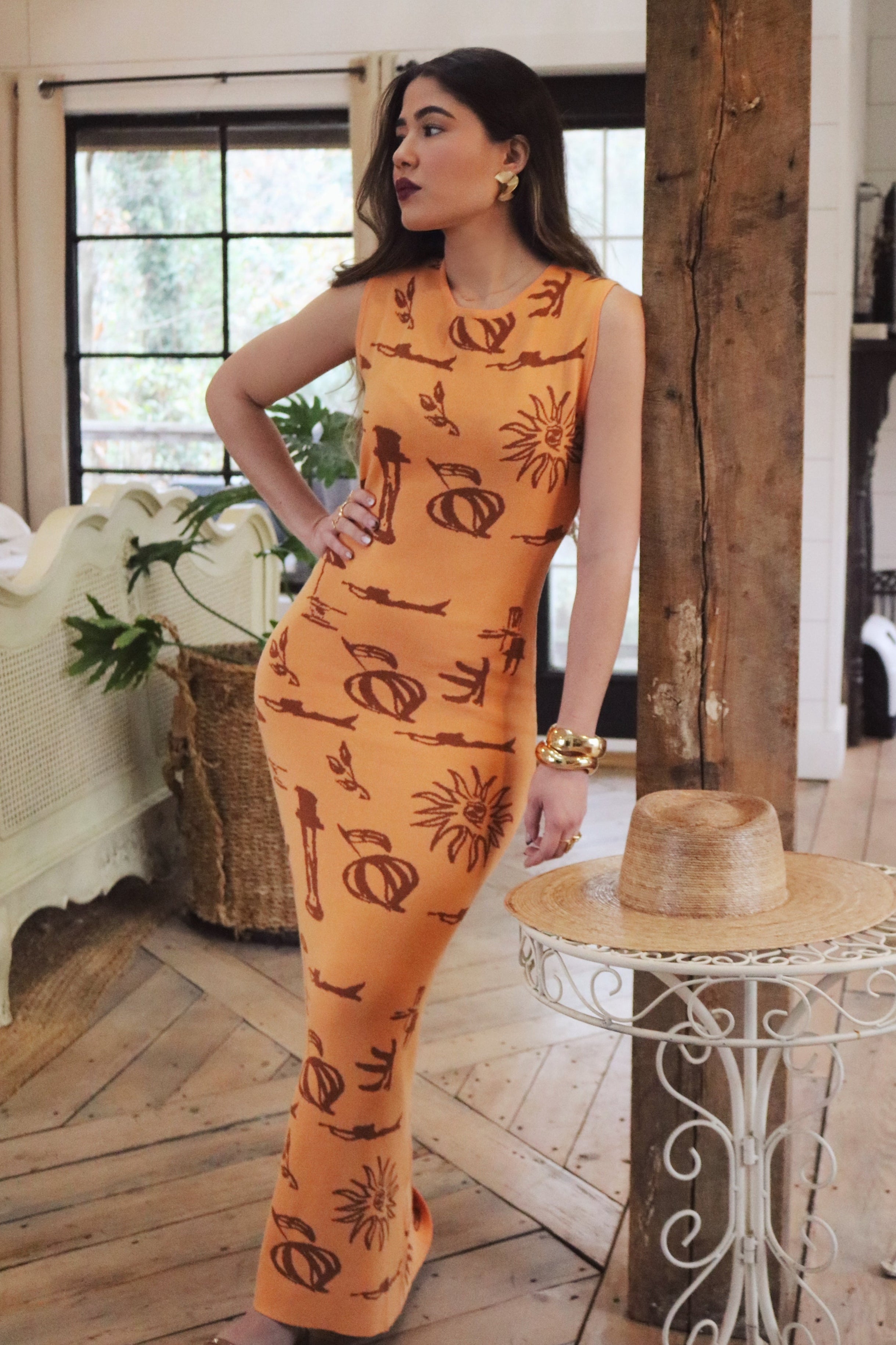 Apricot Mediterranean Inspired Maxi Dress with Beach Motifs. Resort and Vacation Wear.