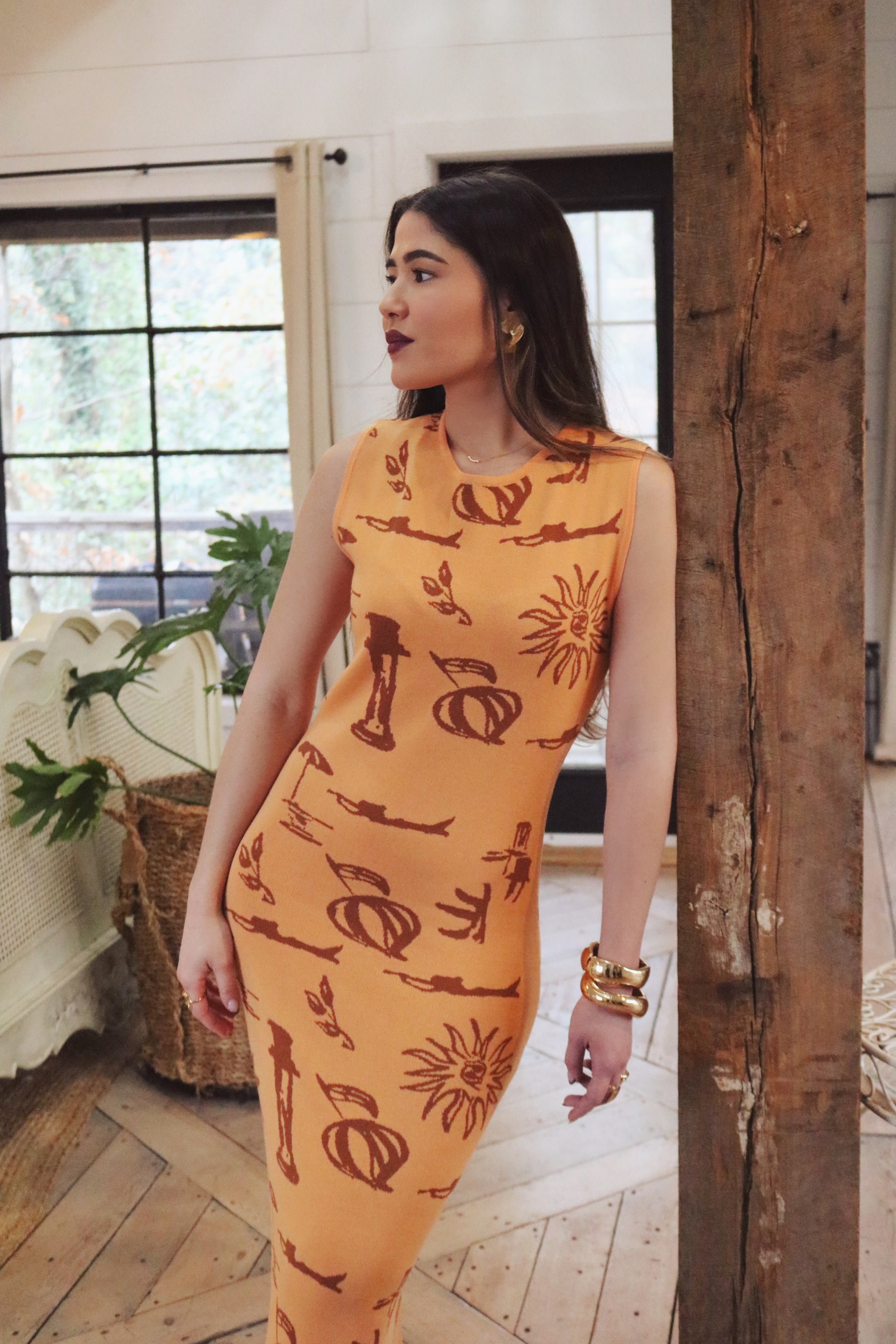 Apricot Mediterranean Inspired Maxi Dress with Beach Motifs. Resort and Vacation Wear.