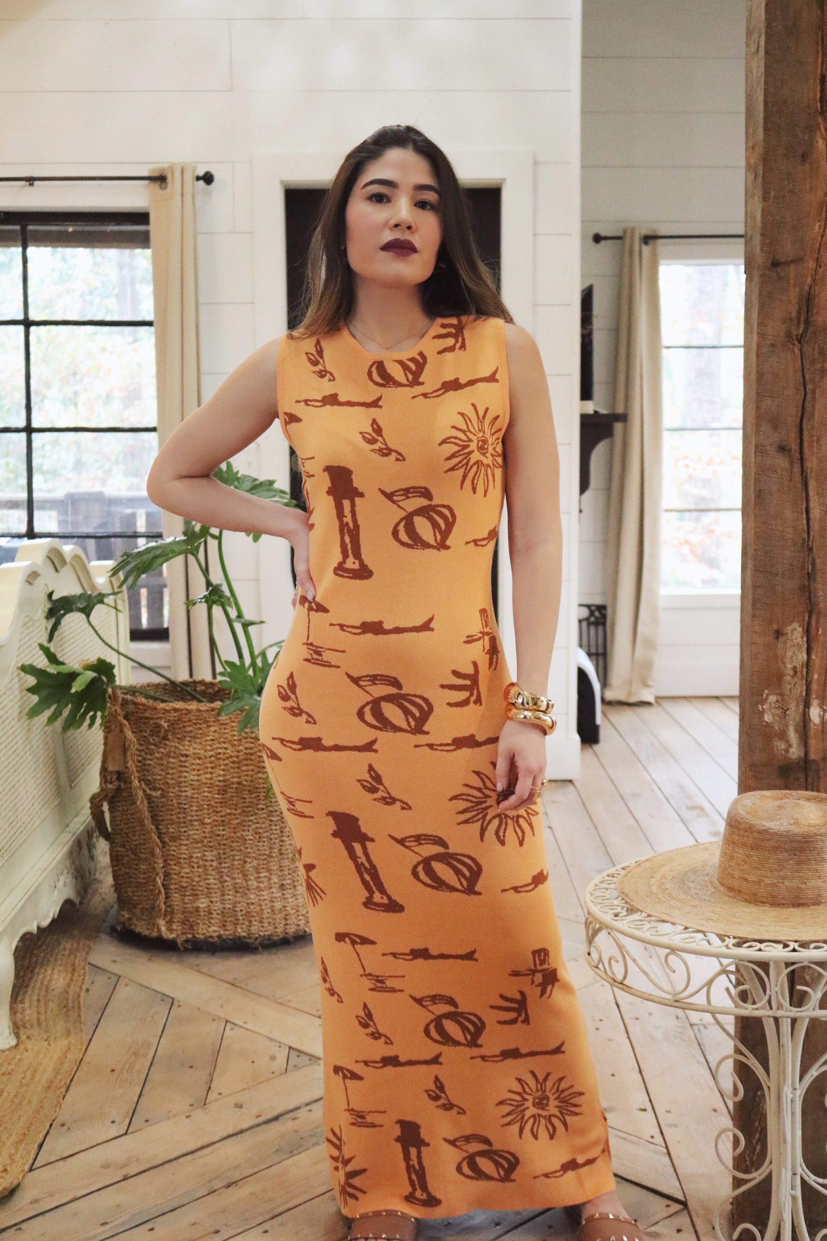 Apricot Mediterranean Inspired Maxi Dress with Beach Motifs. Resort and Vacation Wear.