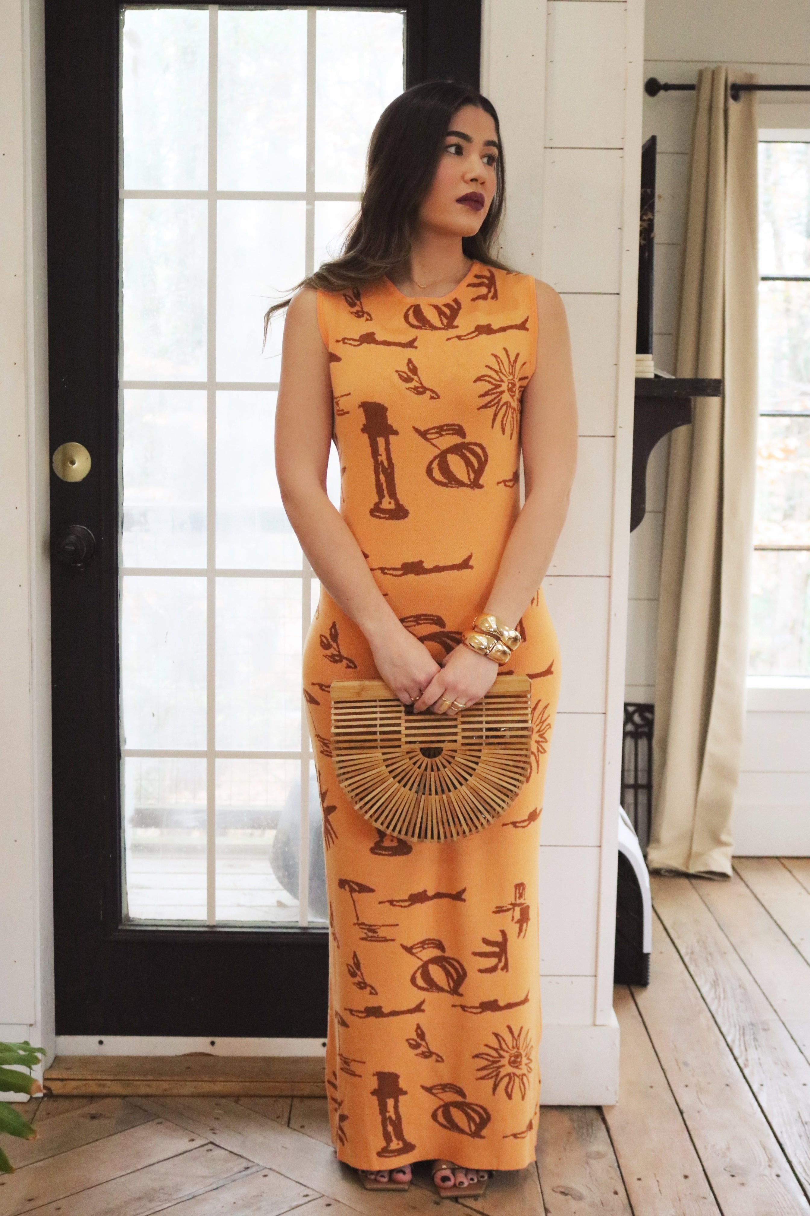 Apricot Mediterranean Inspired Maxi Dress with Beach Motifs. Resort and Vacation Wear.