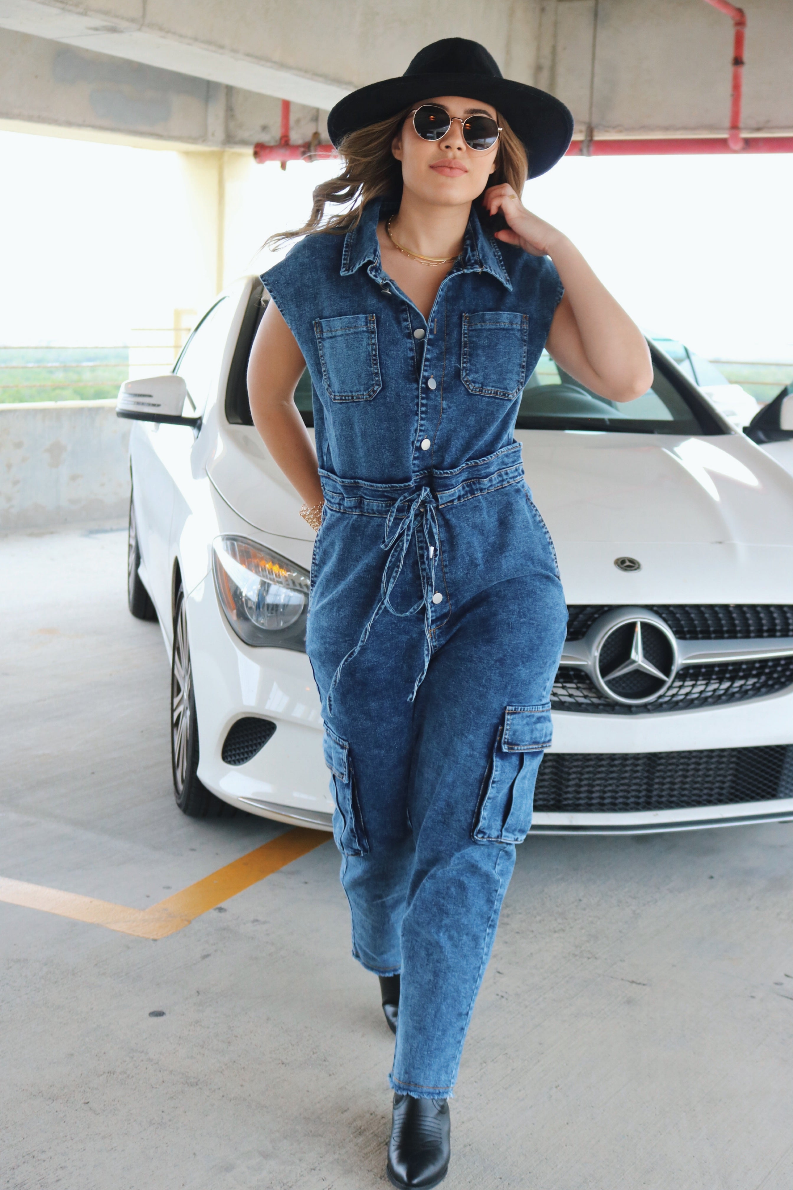 'Hosk' Buttoned Tie Jumpsuit w/ Pockets in Dark Denim, Scarlette The Label Online Fashion Boutique for Women