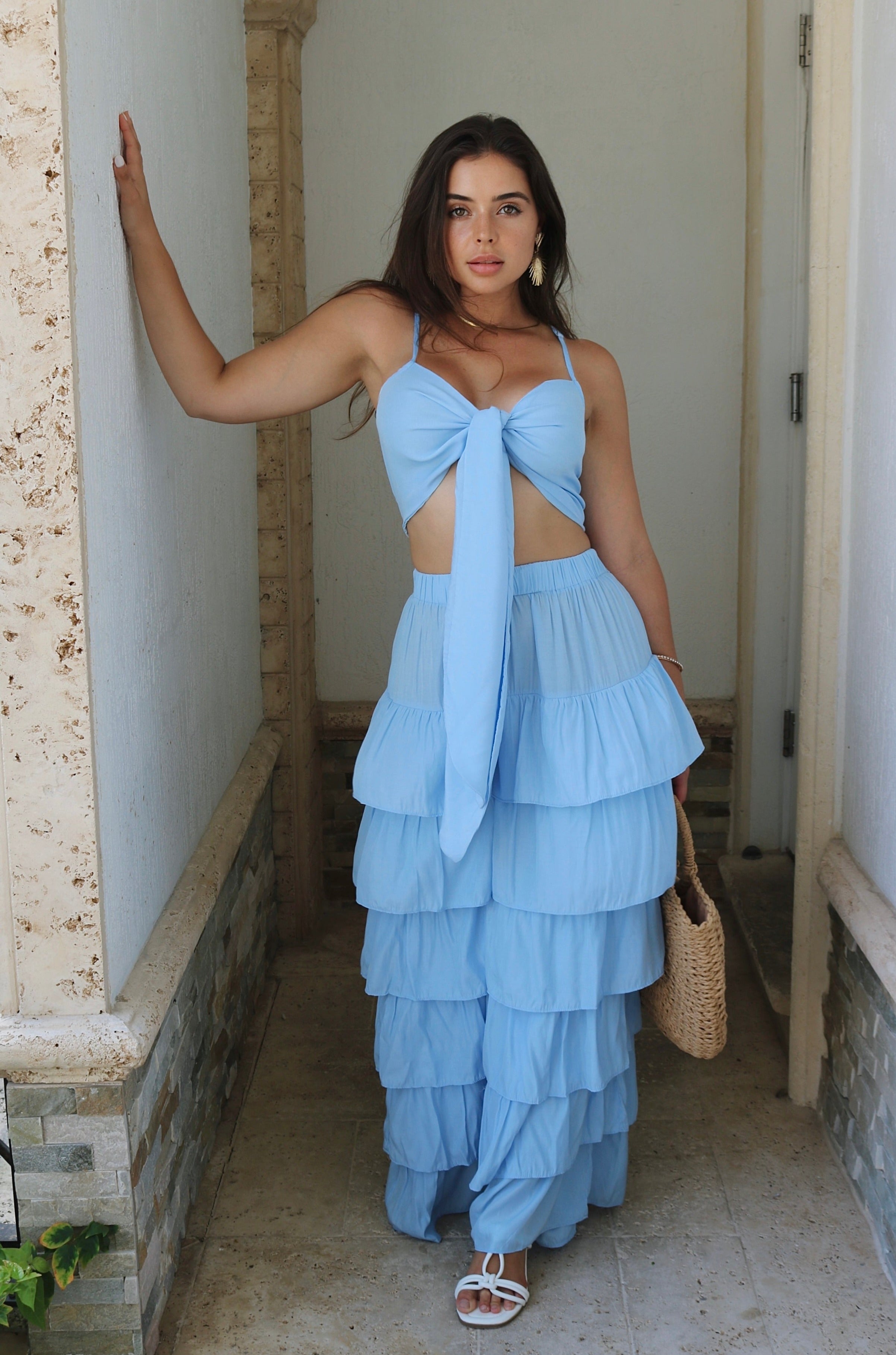 'Salerno' Ruffled Vacation Skirt Set in Dusty Blue