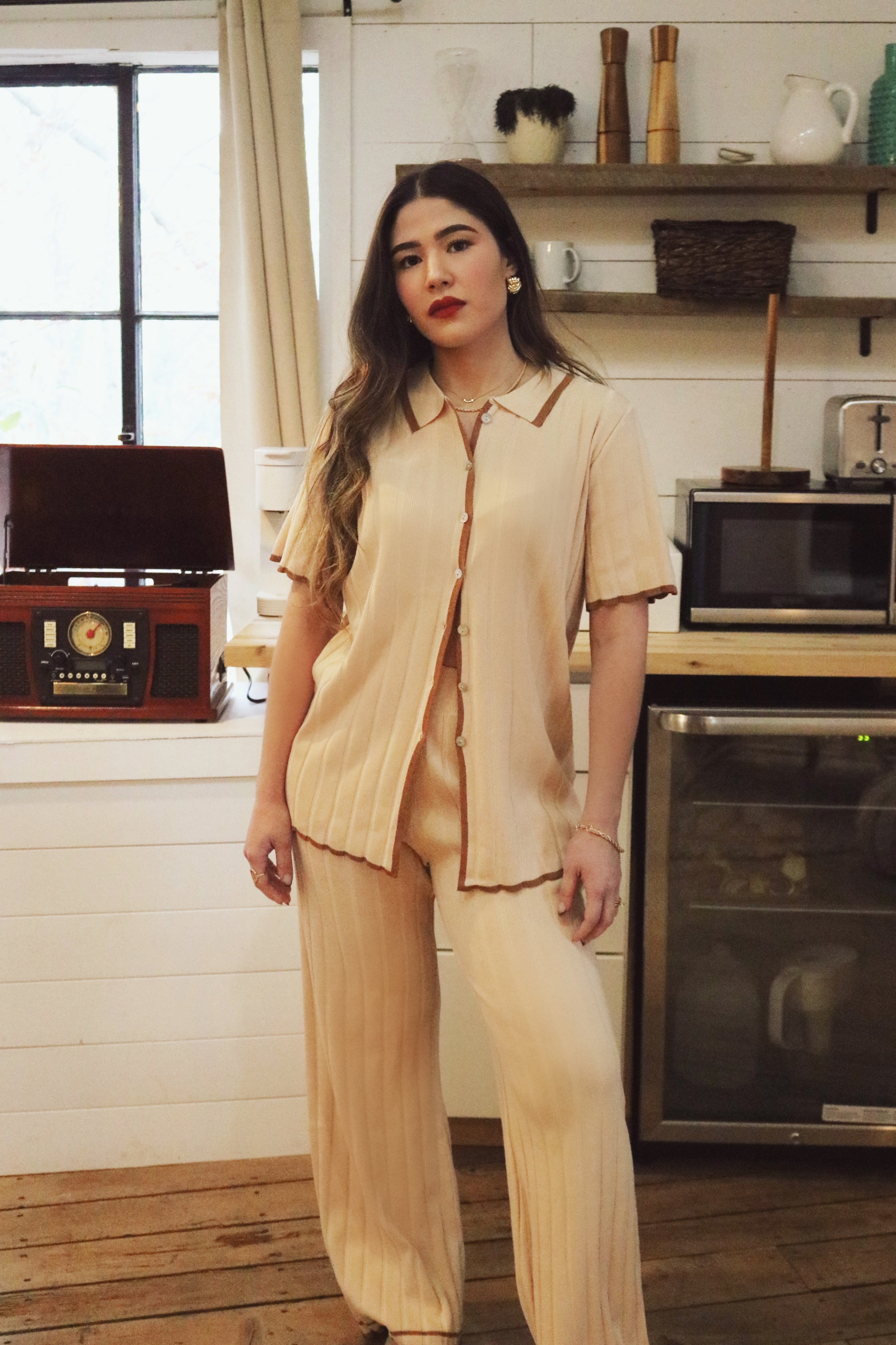 Cotton Button Down Loungewear Set and Matching Loungewear Pants. Resort and Vacation Wear.