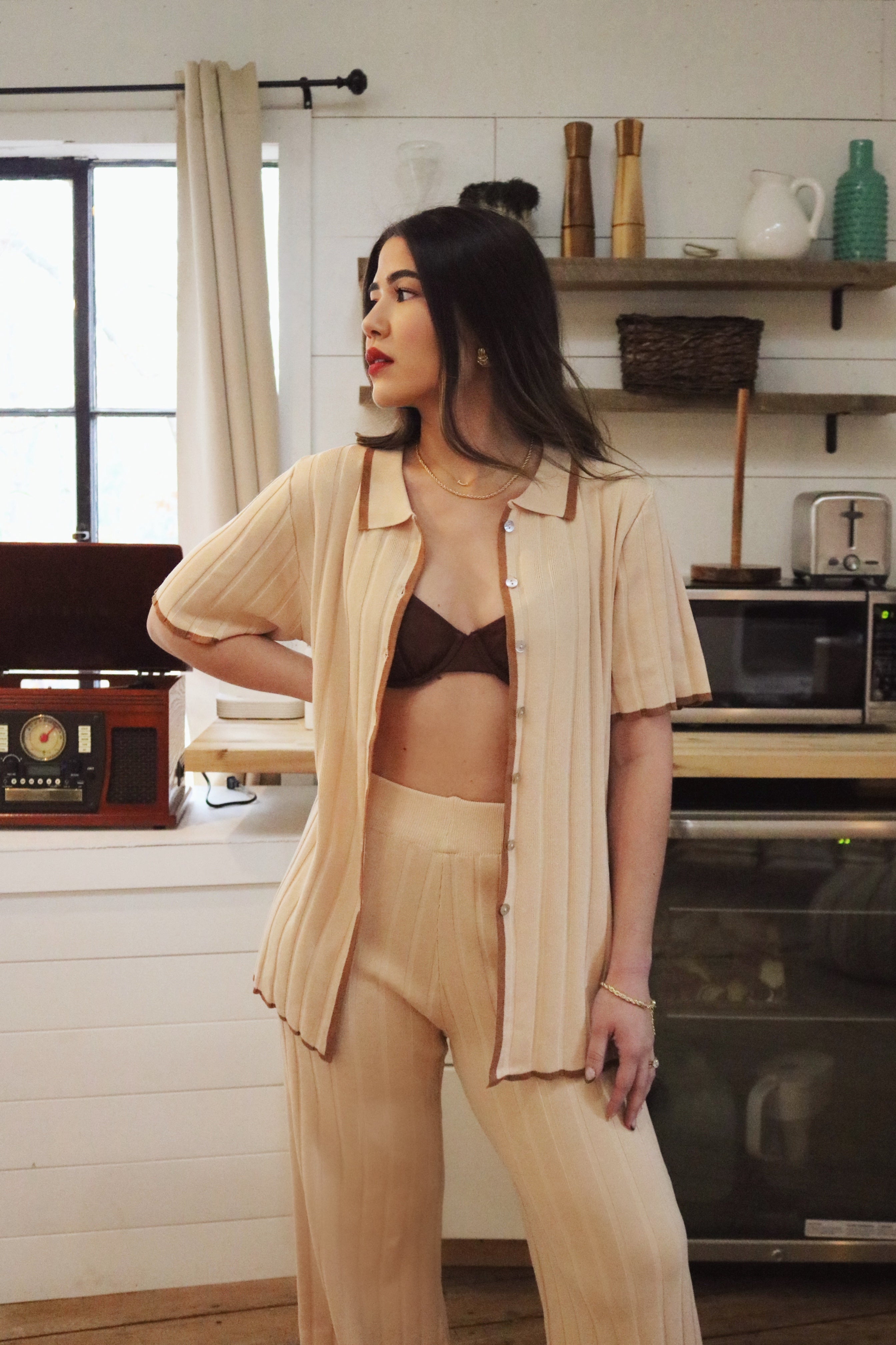 Cotton Button Down Loungewear Set and Matching Loungewear Pants. Resort and Vacation Wear.