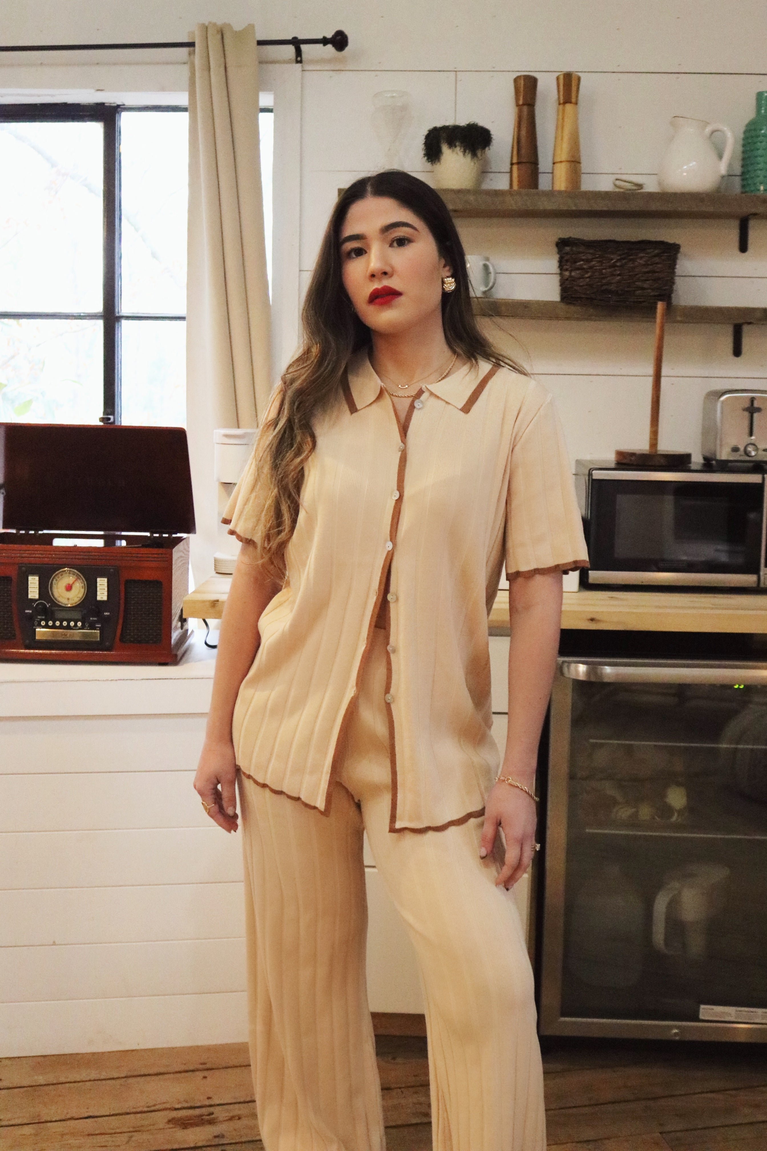 Cotton Button Down Loungewear Set and Matching Loungewear Pants. Resort and Vacation Wear.