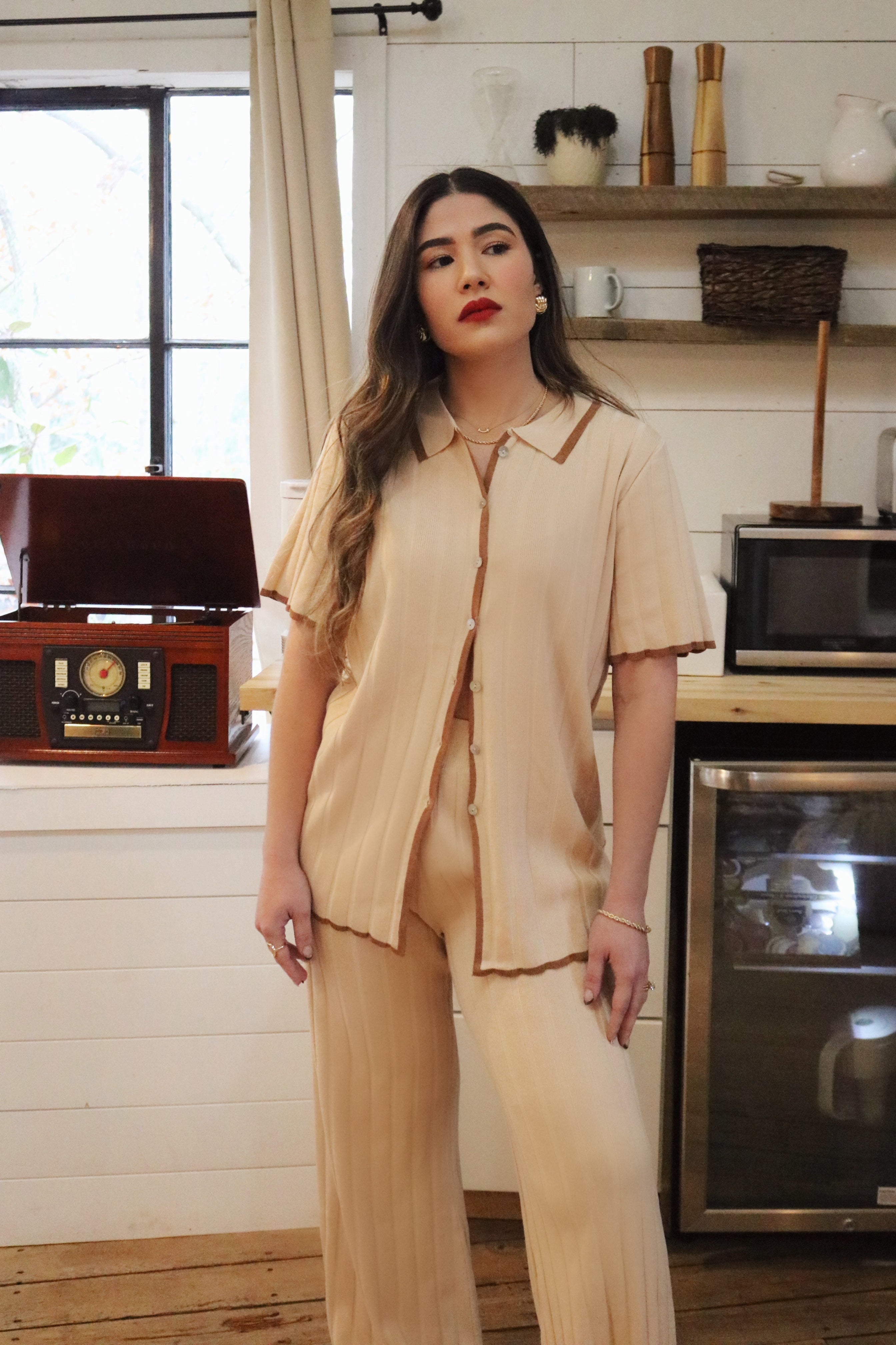 Cotton Button Down Loungewear Set and Matching Loungewear Pants. Resort and Vacation Wear.