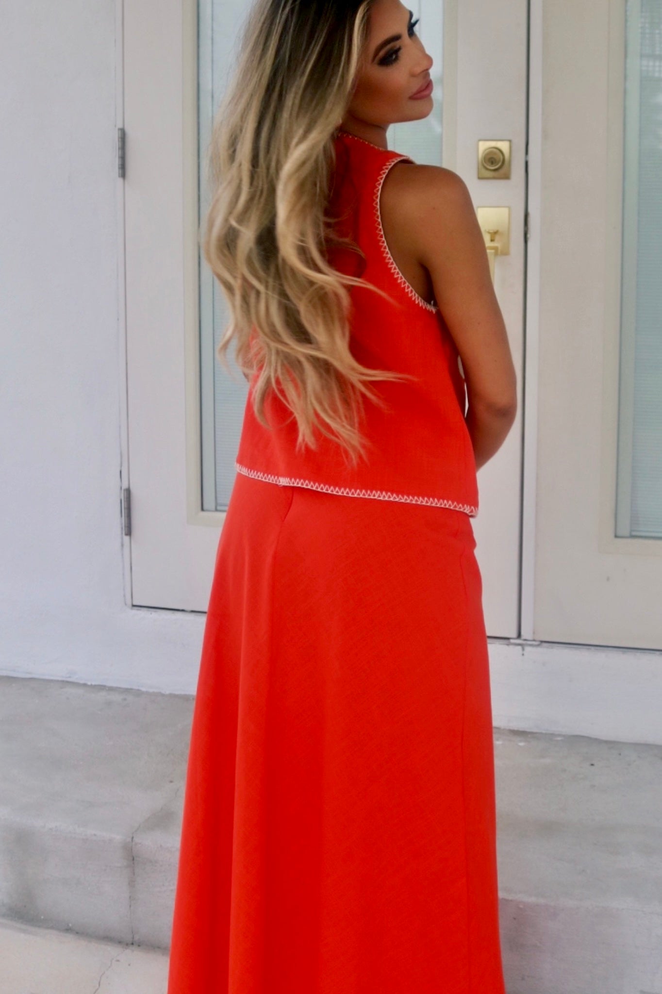 Red Vacation Maxi Skirt Set, Resort and Travel Wear