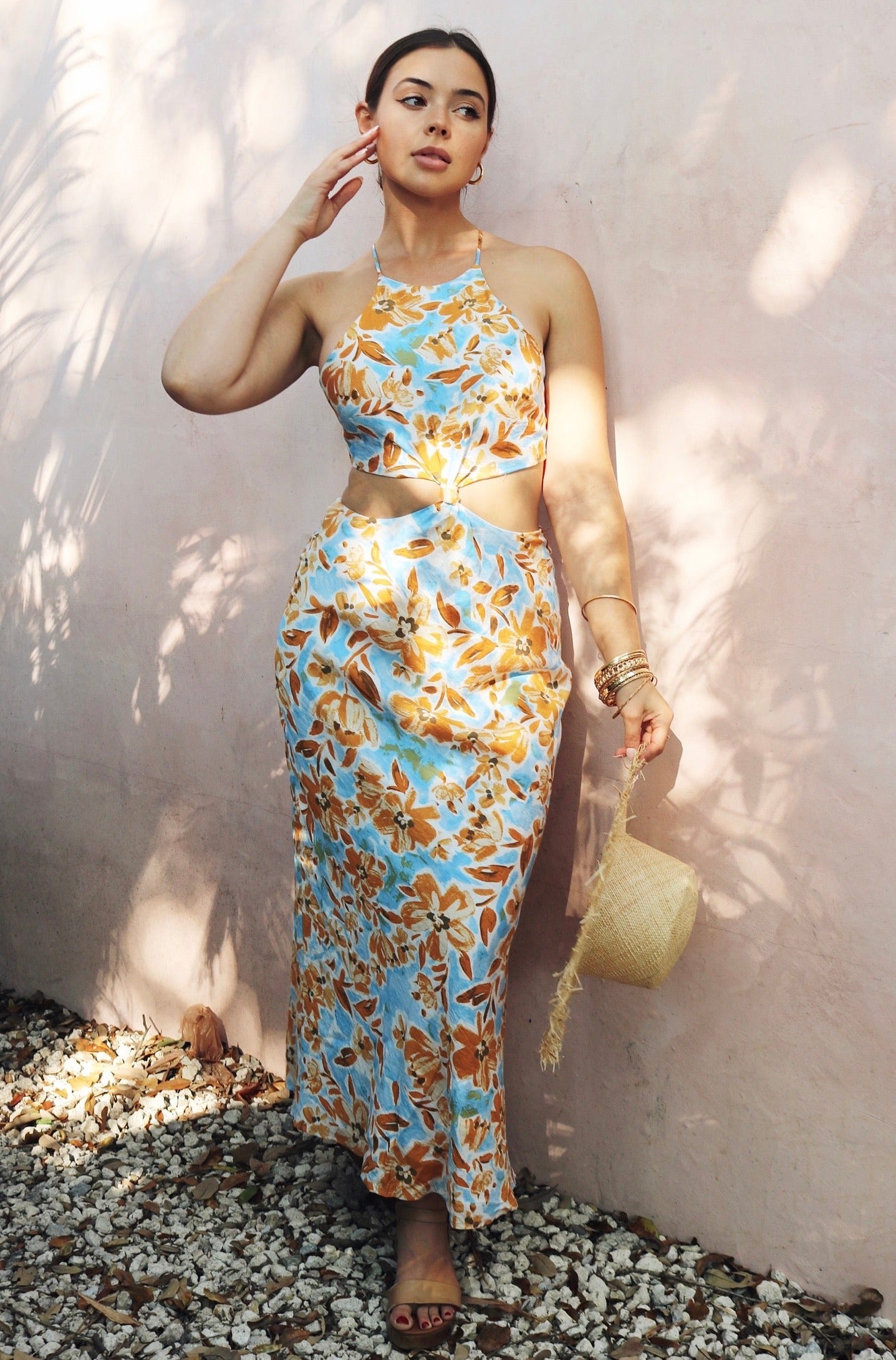 knotted cut out maxi dress Utopia Cut-Out Waist Midi Dress Orange/Blue