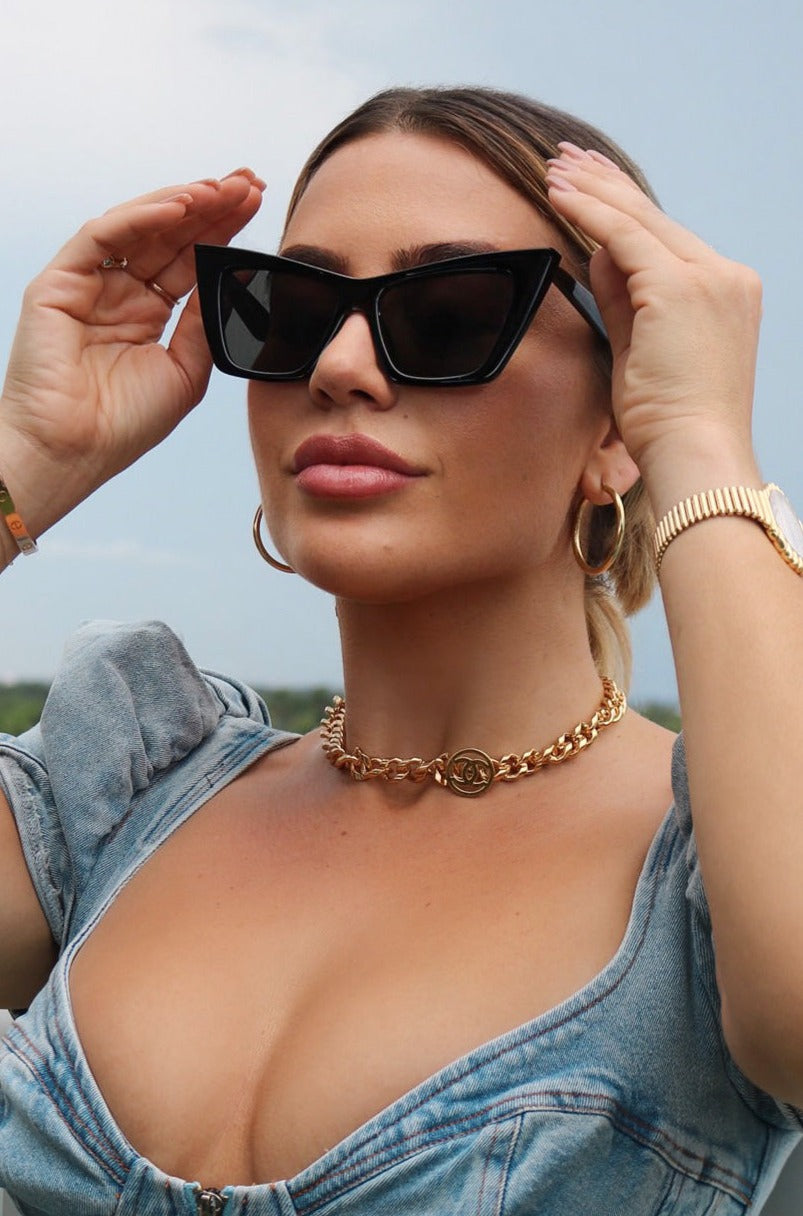 Color: Black Sharp Framed Cat Eye Sunglasses with Angular Temples, Scarlette The Label