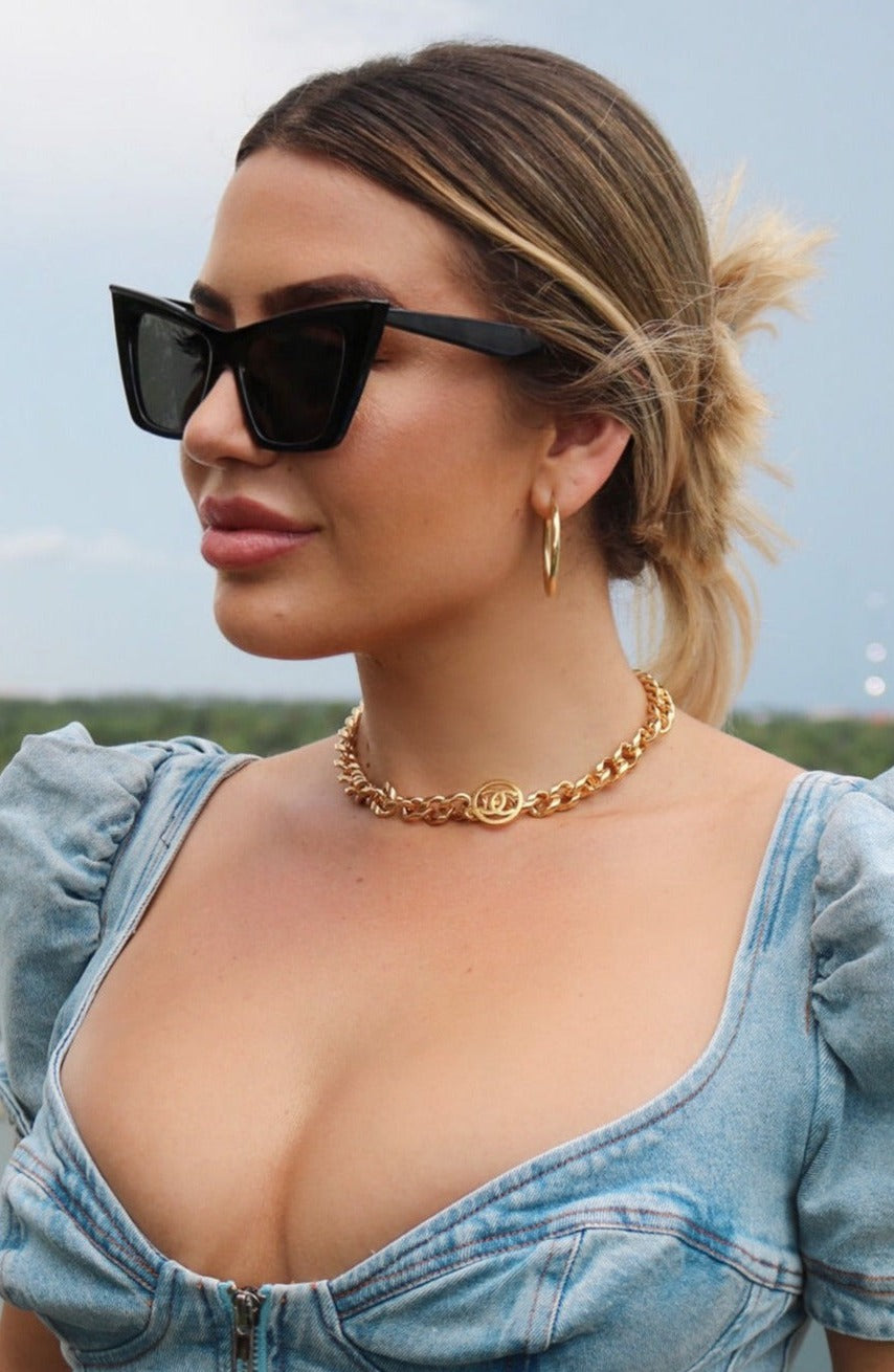 Color: Black Sharp Framed Cat Eye Sunglasses with Angular Temples, Scarlette The Label