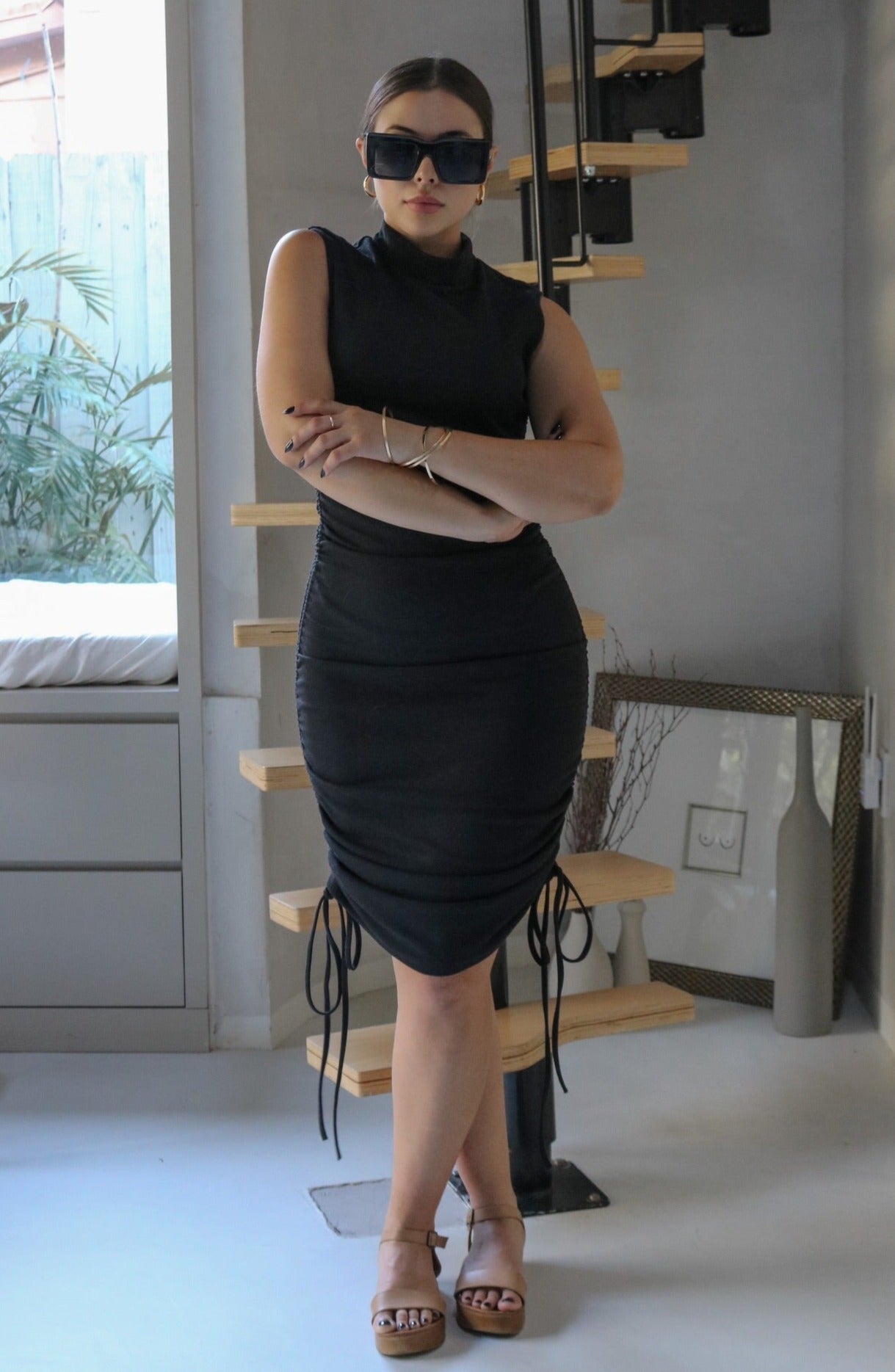 Scrunch Ruched Midi Dress in Black. Scarlette The Label, an online fashion boutique for women.