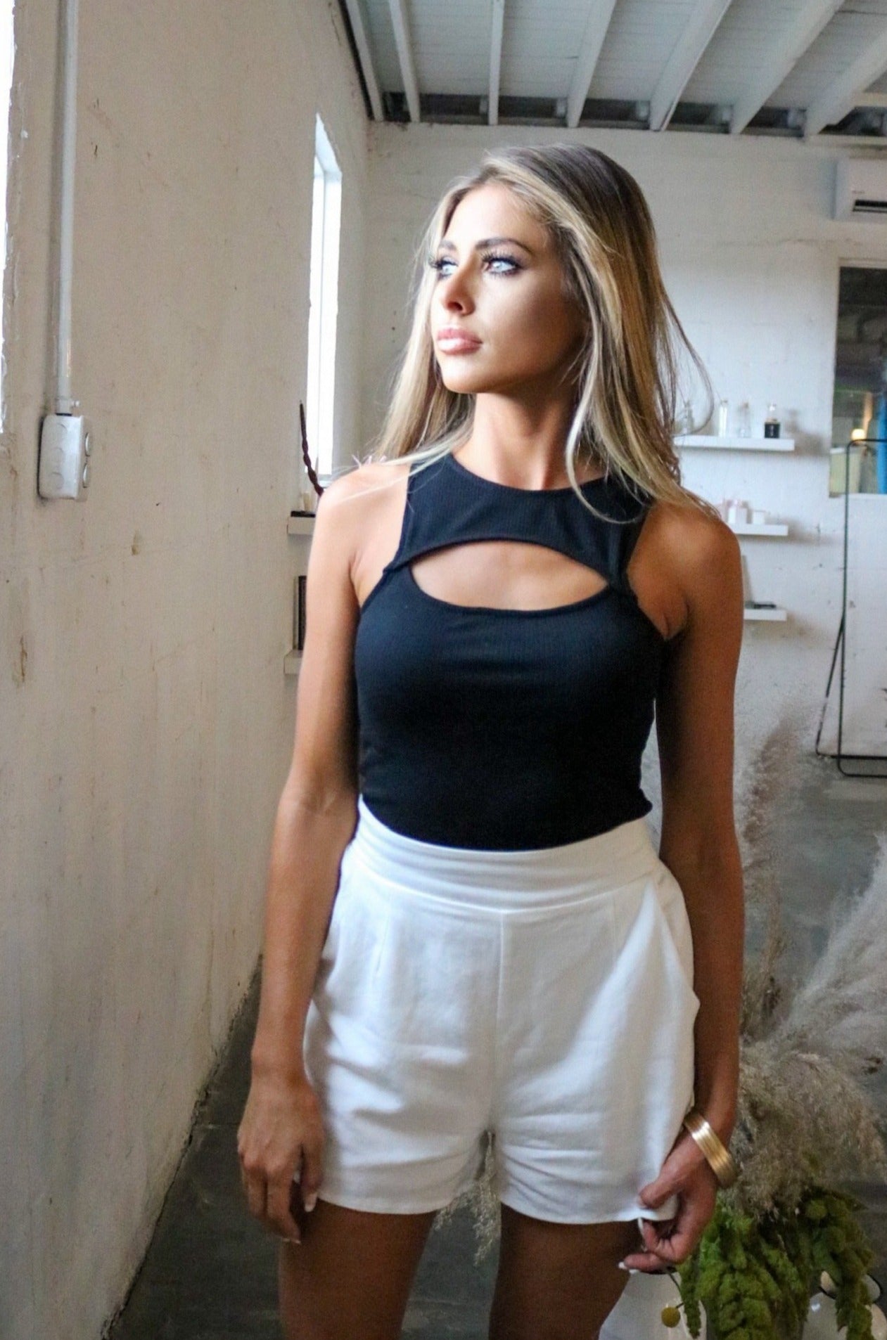 Cutout Ribbed Tank Top in Black and White Trouser Shorts. The Color Coded Collection. Scarlette The Label, an online fashion boutique for women.
