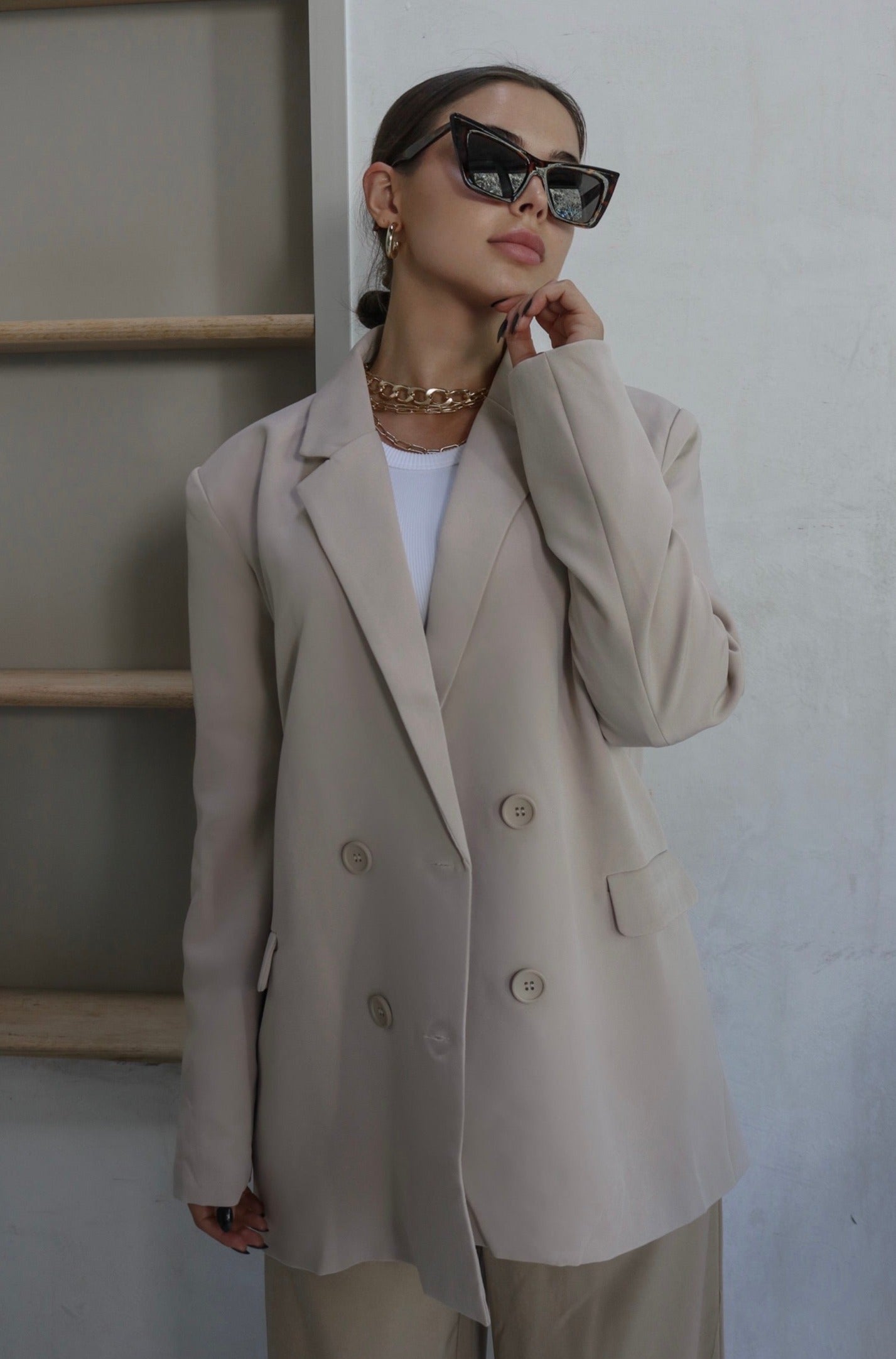 Woven Oversized Double Breasted Blazer in Sand (Beige). Scarlette The Label, an online fashion boutique for women.