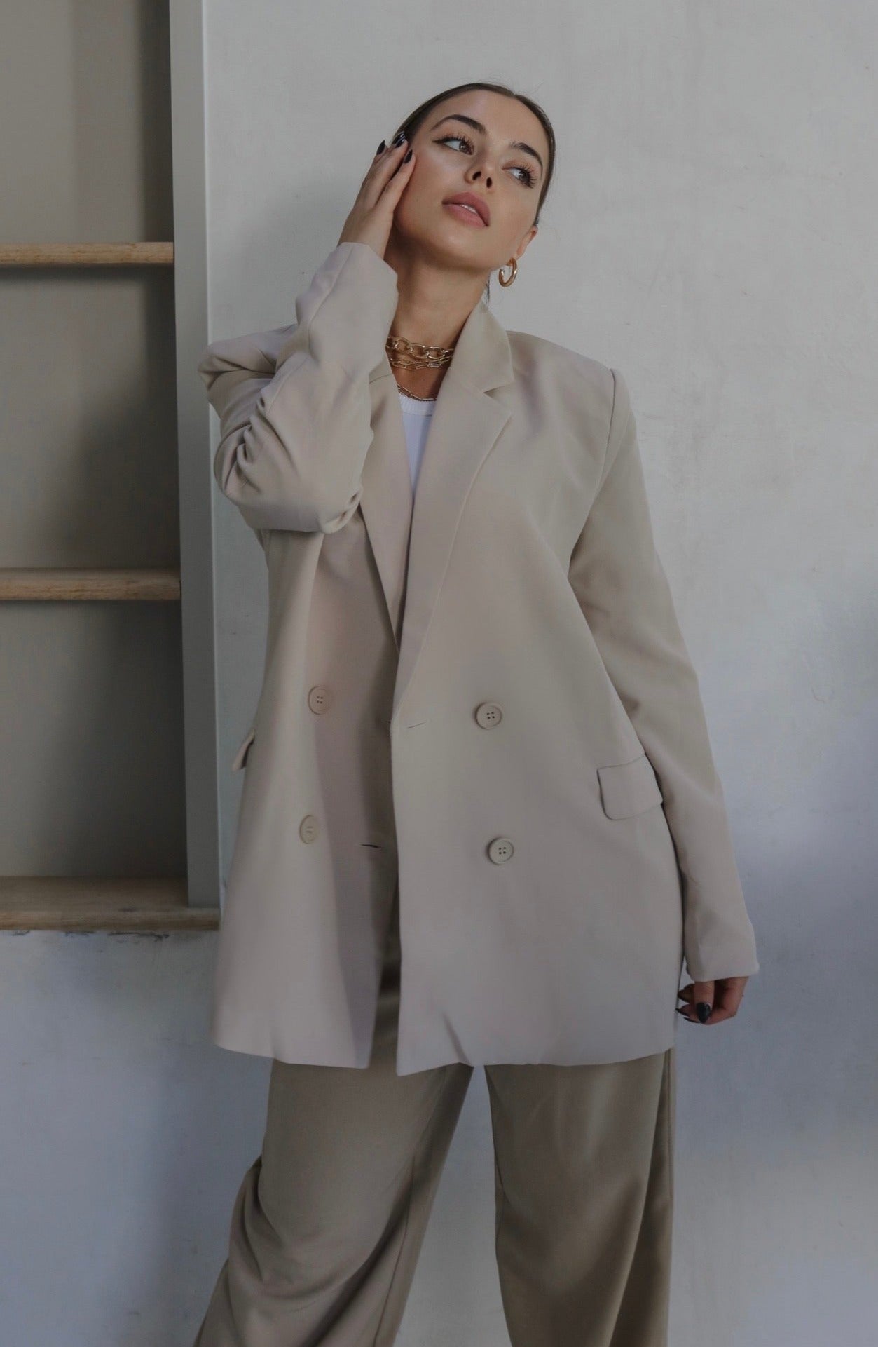 Woven Oversized Double Breasted Blazer in Sand (Beige). Scarlette The Label, an online fashion boutique for women.