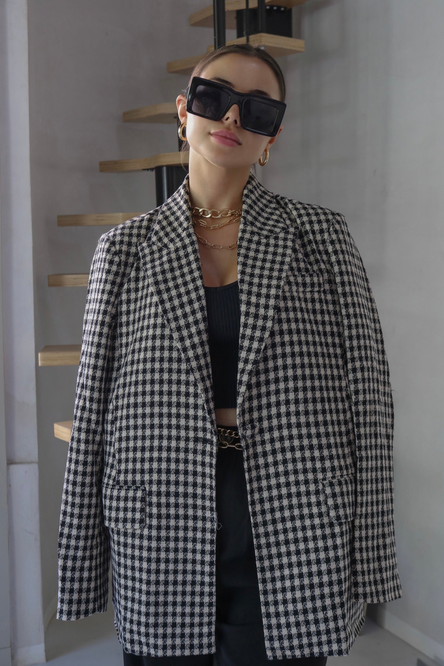 Oversized Vintage Checkered Gingham Blazer in Black and White, Scarlette The Label, an online fashion boutique for women.