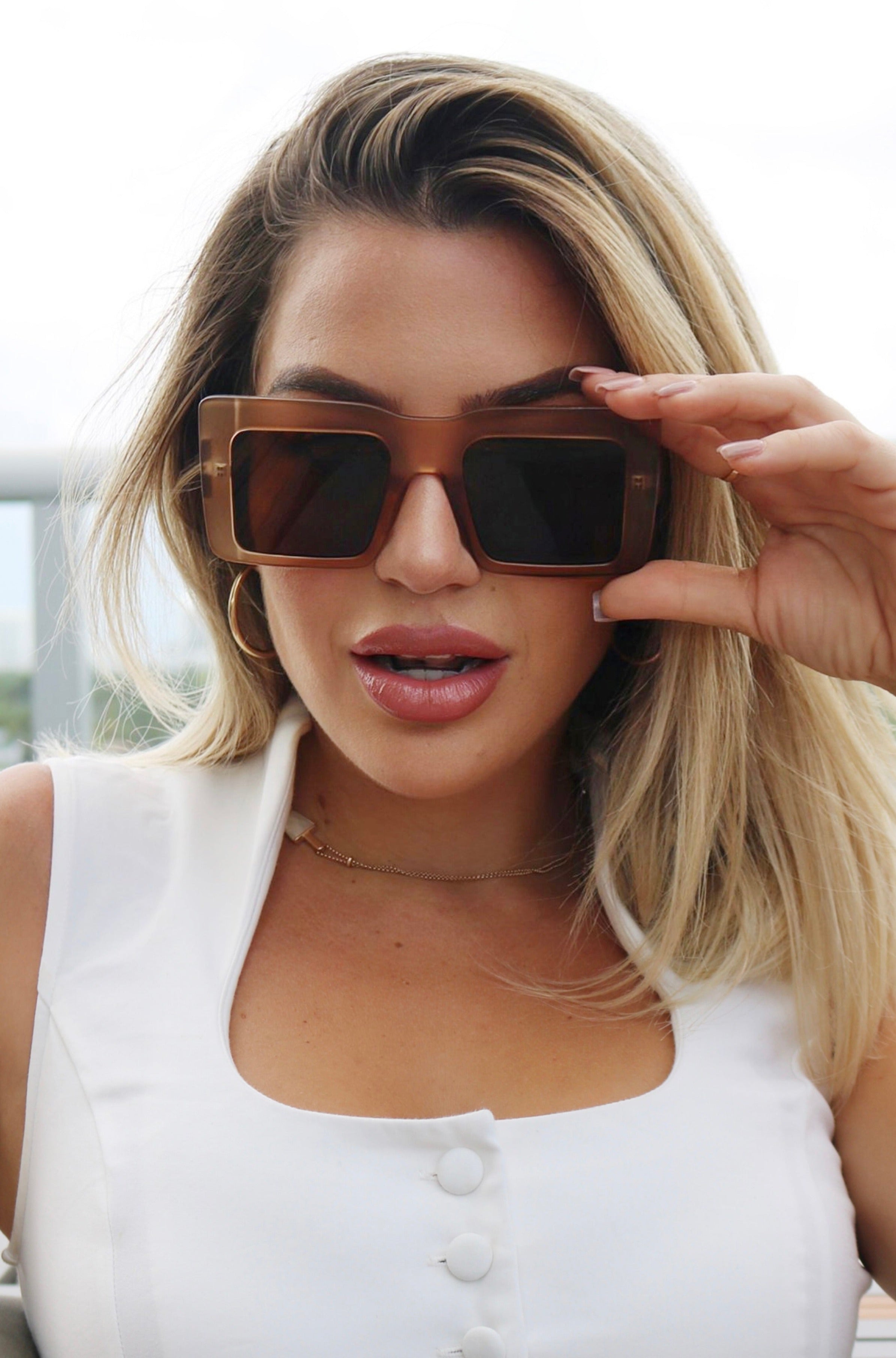 Color: Translucent Tan Monotone Oversized Square Sunglasses Thick Framed Rims and Thick Temples, Scarlette The Label