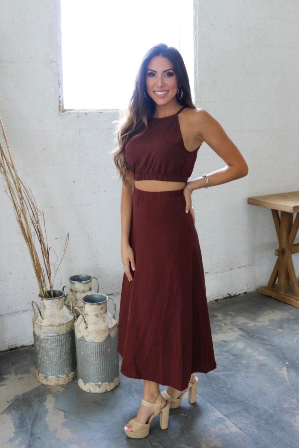 Midi Linen Skirt Set in Cinnamon Brown. The Color Code Collection. Scarlette The Label, an online fashion boutique for women.