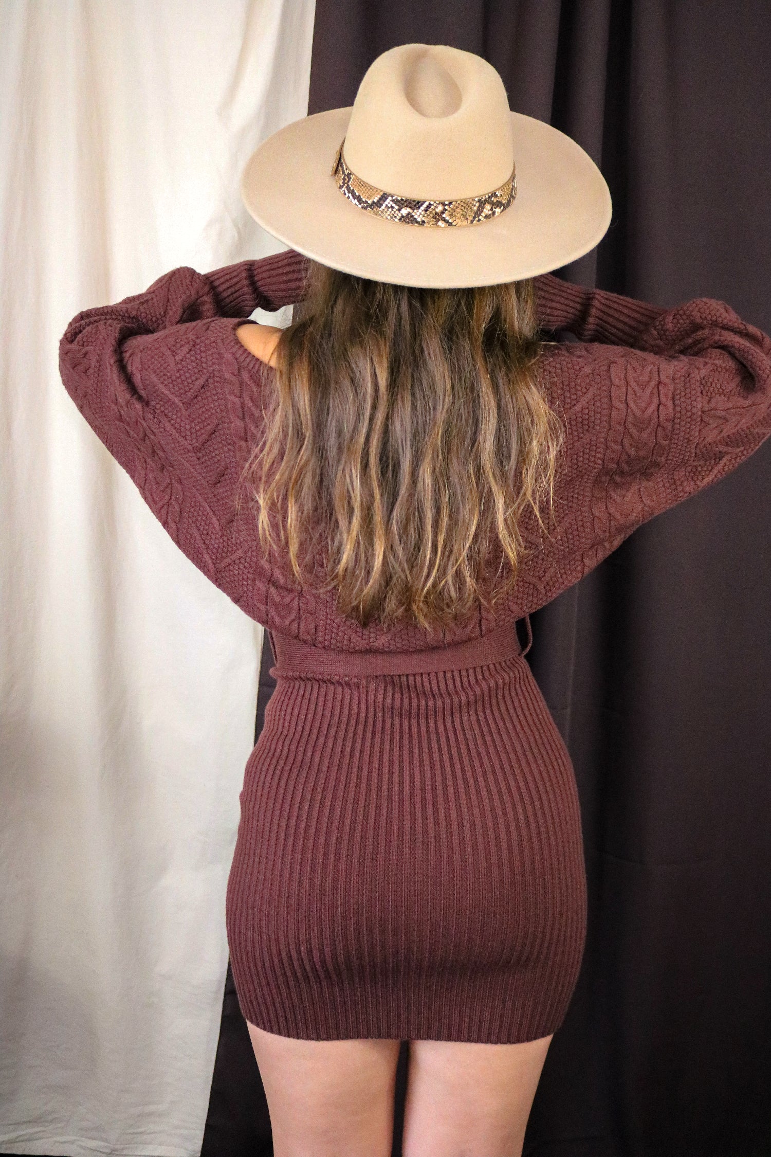 Cable Knit Off The Shoulder Sweater Dress in Cocoa. Ribbed with waist tie. Scarlette The Label, an online fashion boutique and label for women.