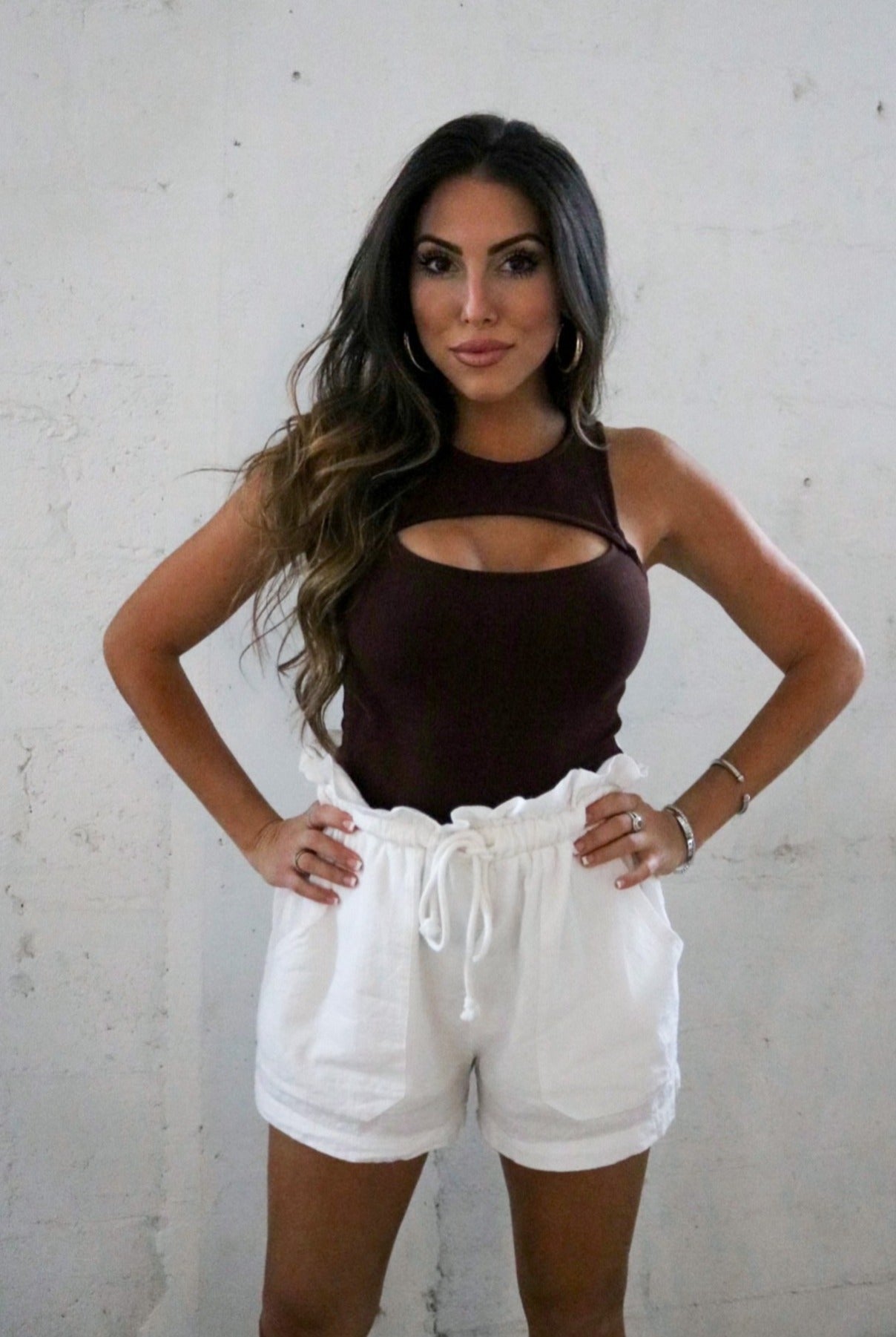 Cutout Ribbed Tank Top in Chocolate Brown and White Shorts. The Color Coded Collection. Scarlette The Label, an online fashion boutique for women.