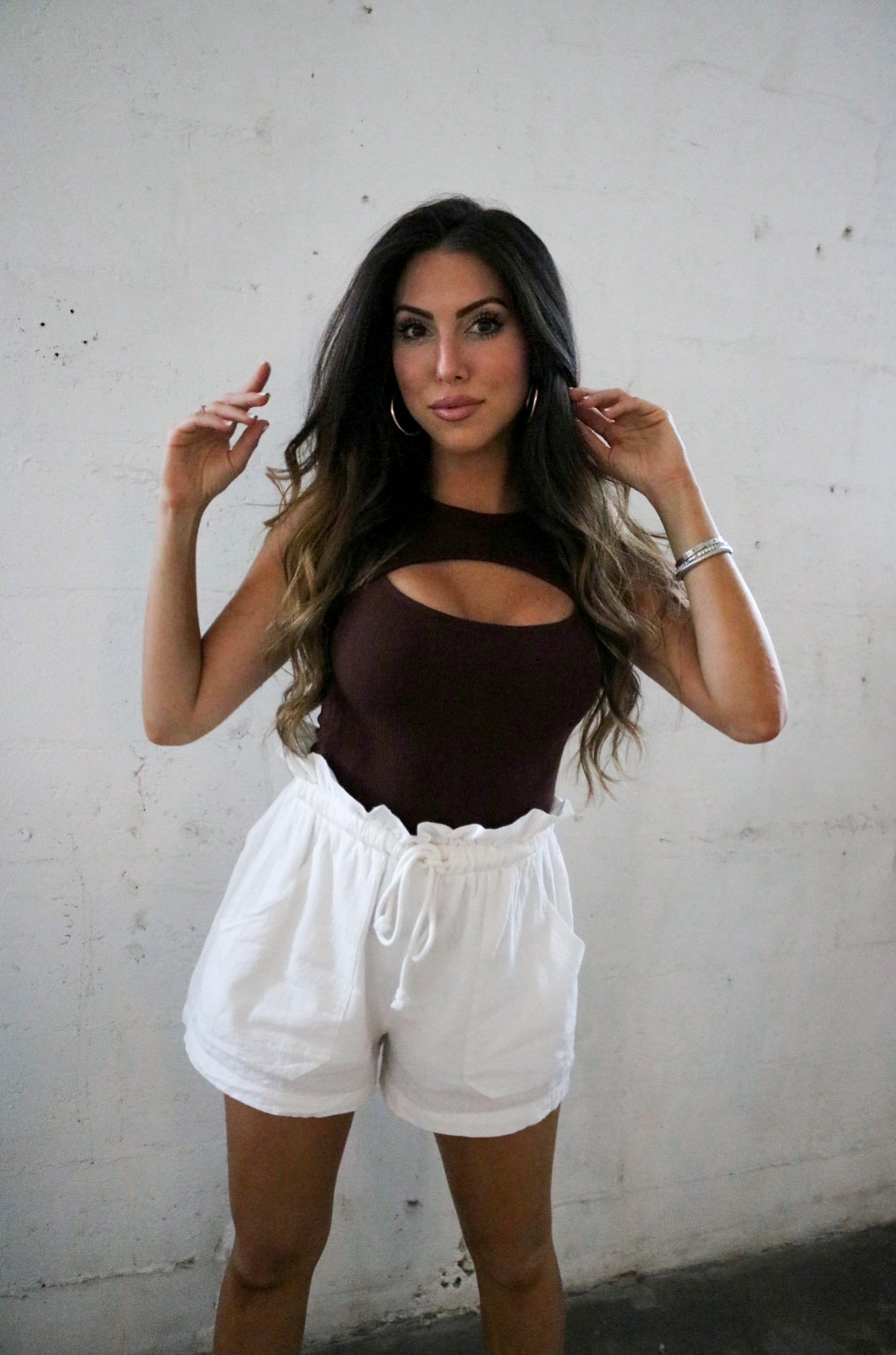 Cutout Ribbed Tank Top in Chocolate Brown and White Shorts. The Color Coded Collection. Scarlette The Label, an online fashion boutique for women.