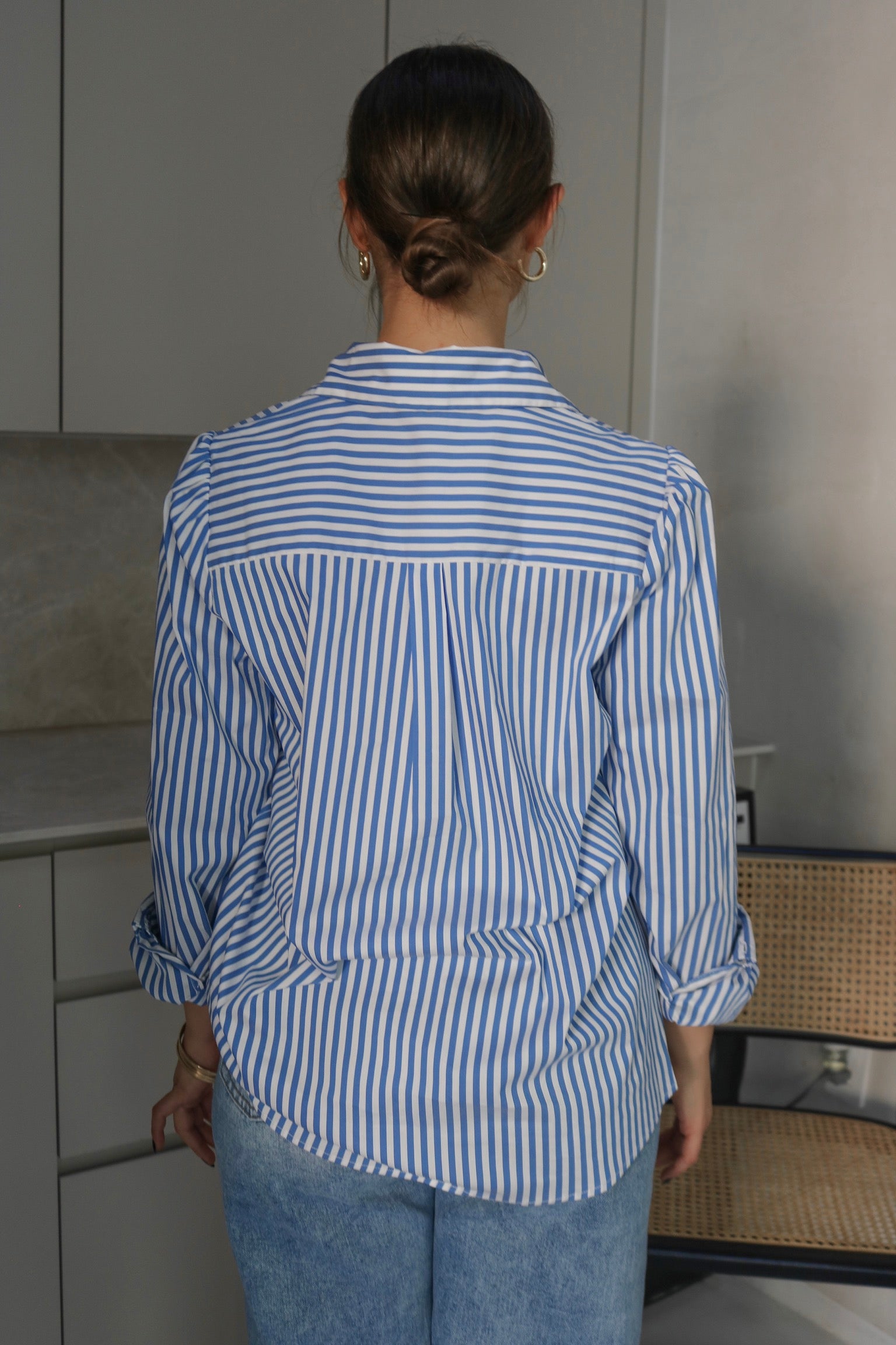 Classic Striped Button Down Shirt in Blue and White. Scarlette The Label, an online fashion boutique for women.