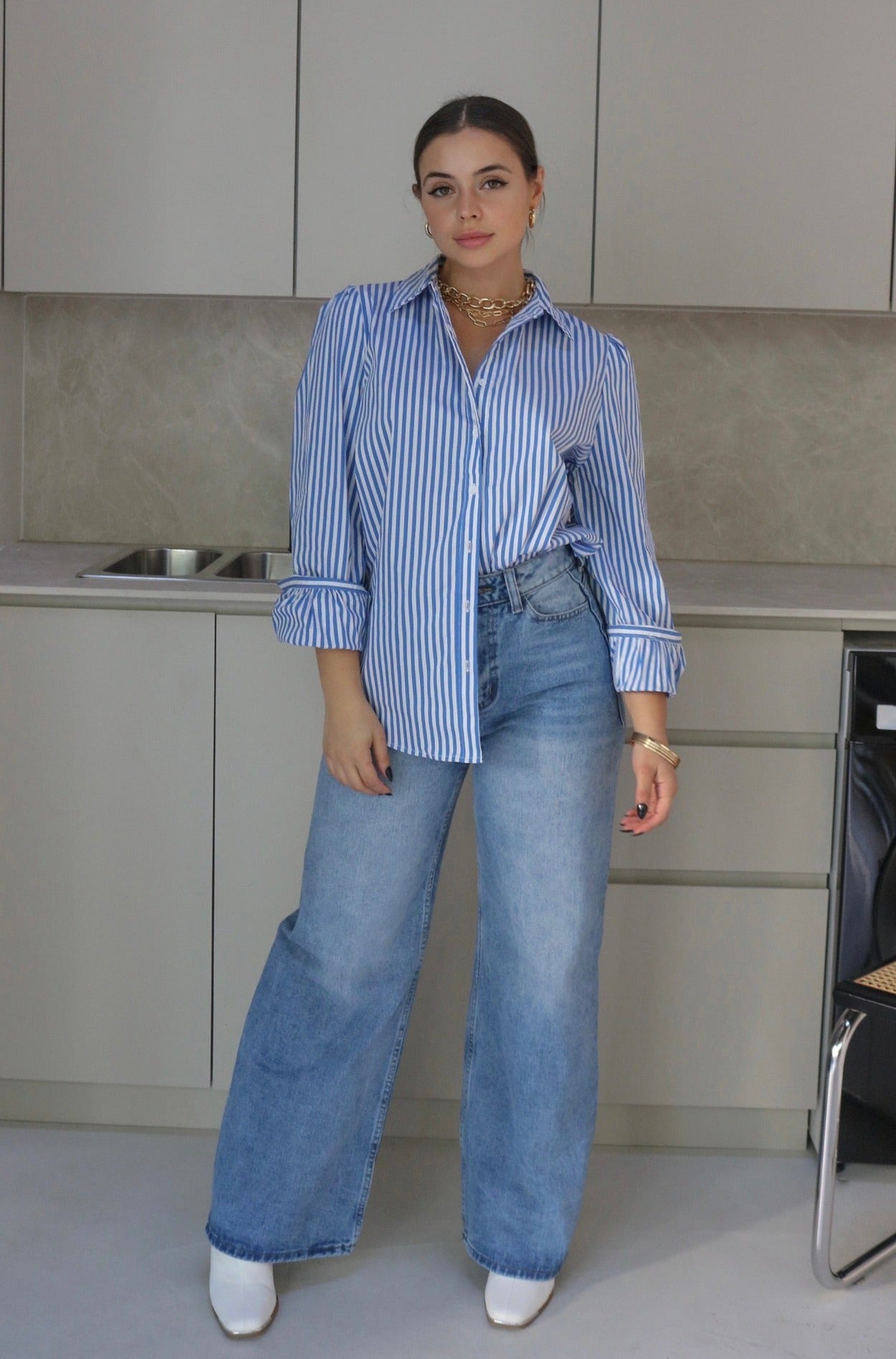 Classic Striped Button Down Shirt in Blue and White. Scarlette The Label, an online fashion boutique for women.
