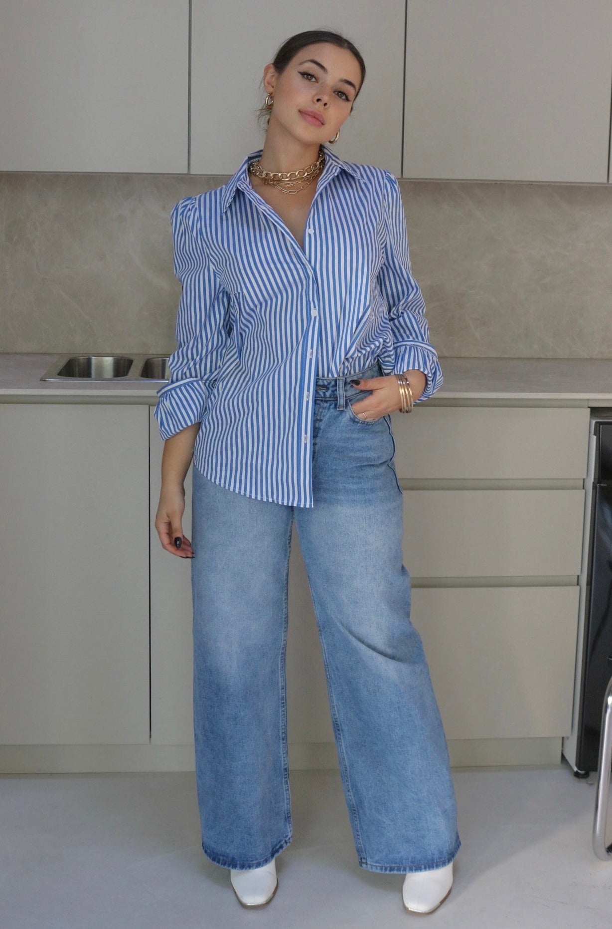 Classic Striped Button Down Shirt in Blue and White. Scarlette The Label, an online fashion boutique for women.