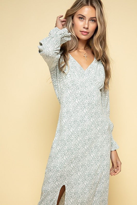 Celeste Slitted Long Sleeve Maxi Dress in Color Sage from Scarlette The Label, an online fashion boutique for women.