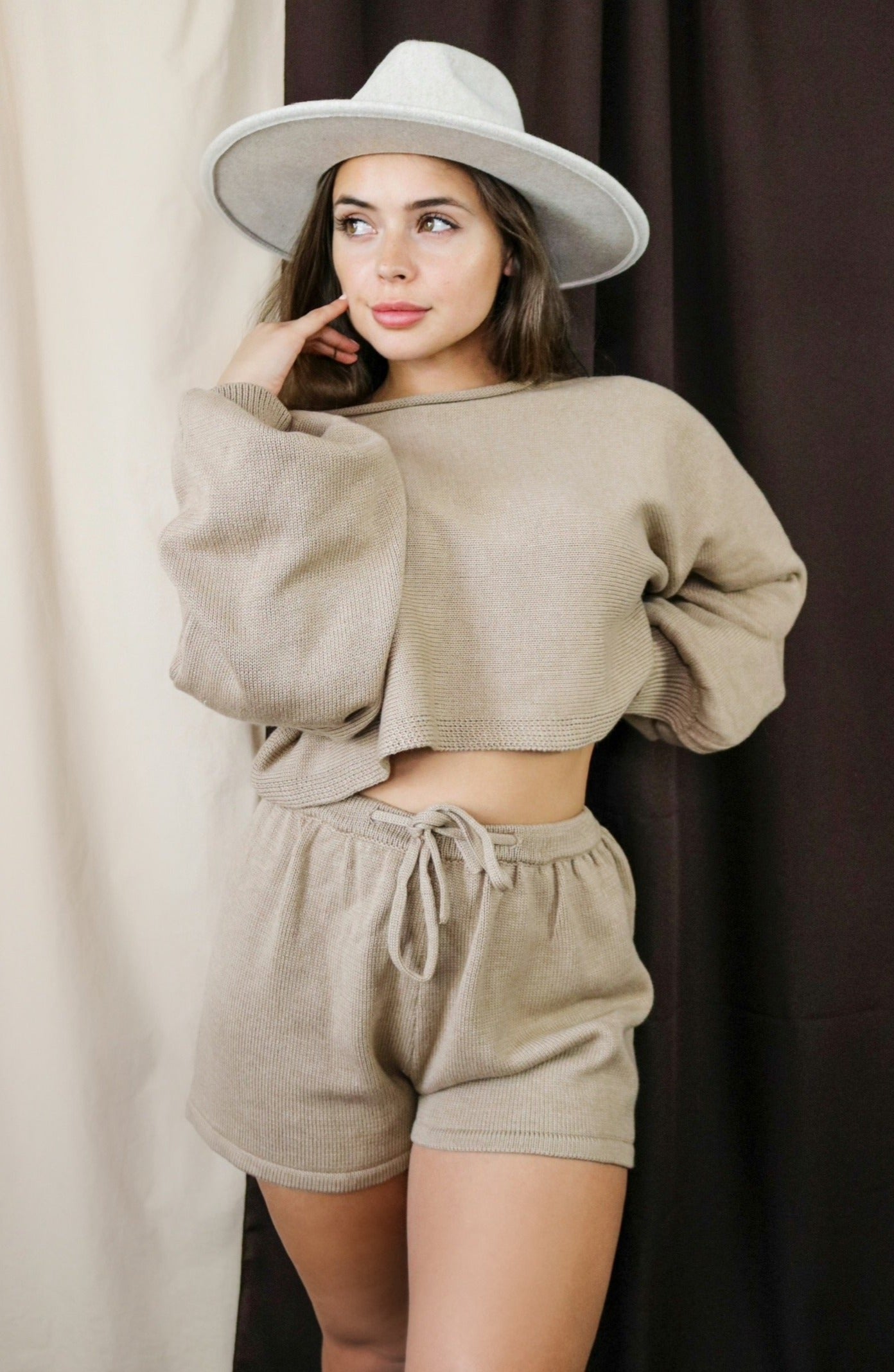 Long sleeve knitted cotton sweater loungewear set and drawstring shorts in Mocha. Scarlette The Label, an online fashion boutique for women.
