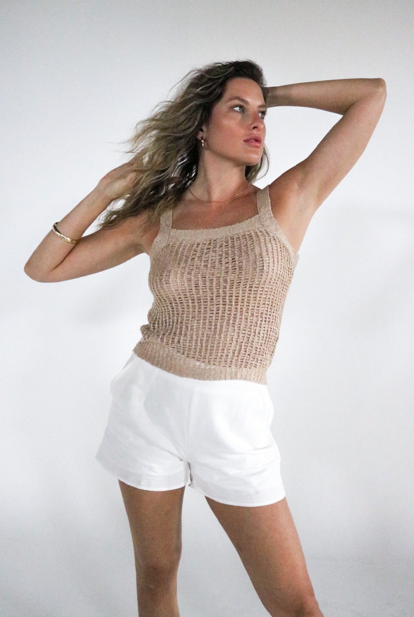 Crochet Top in Sand (Beige) and White Shorts. The Color Coded Collection. Scarlette The Label, an online fashion boutique for women.