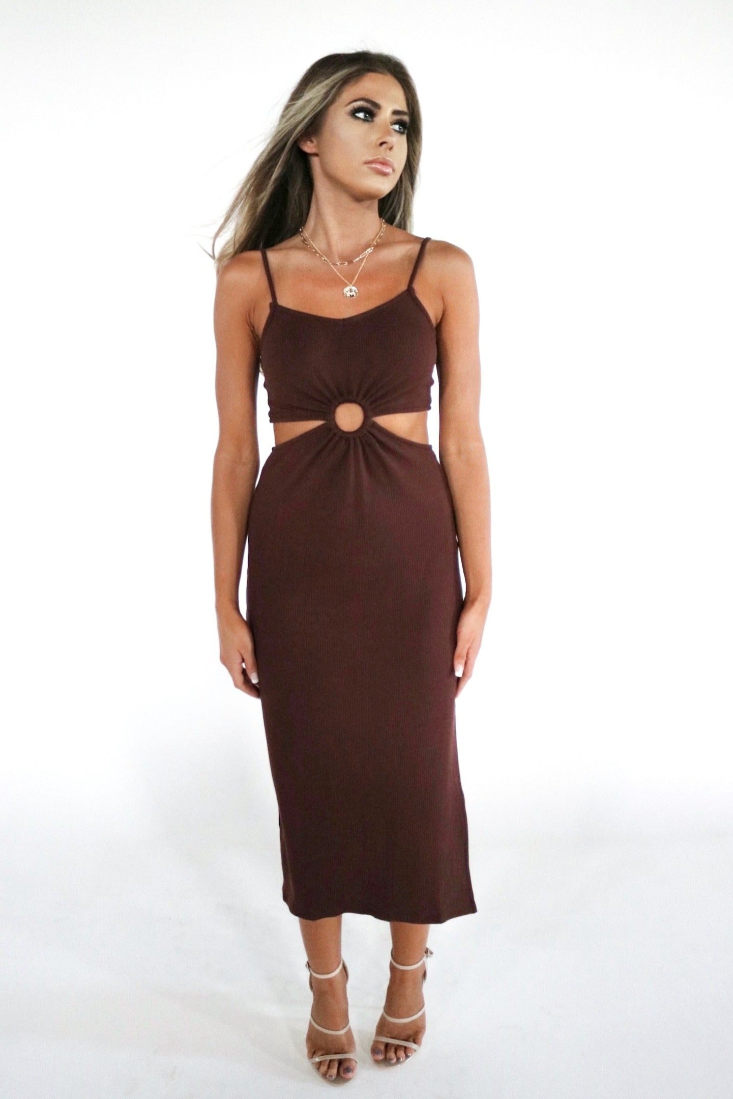Ribbed Circle Cutout Slitted Dress in Chocolate Brown. The Color Coded Collection. Scarlette The Label, an online fashion boutique for women.