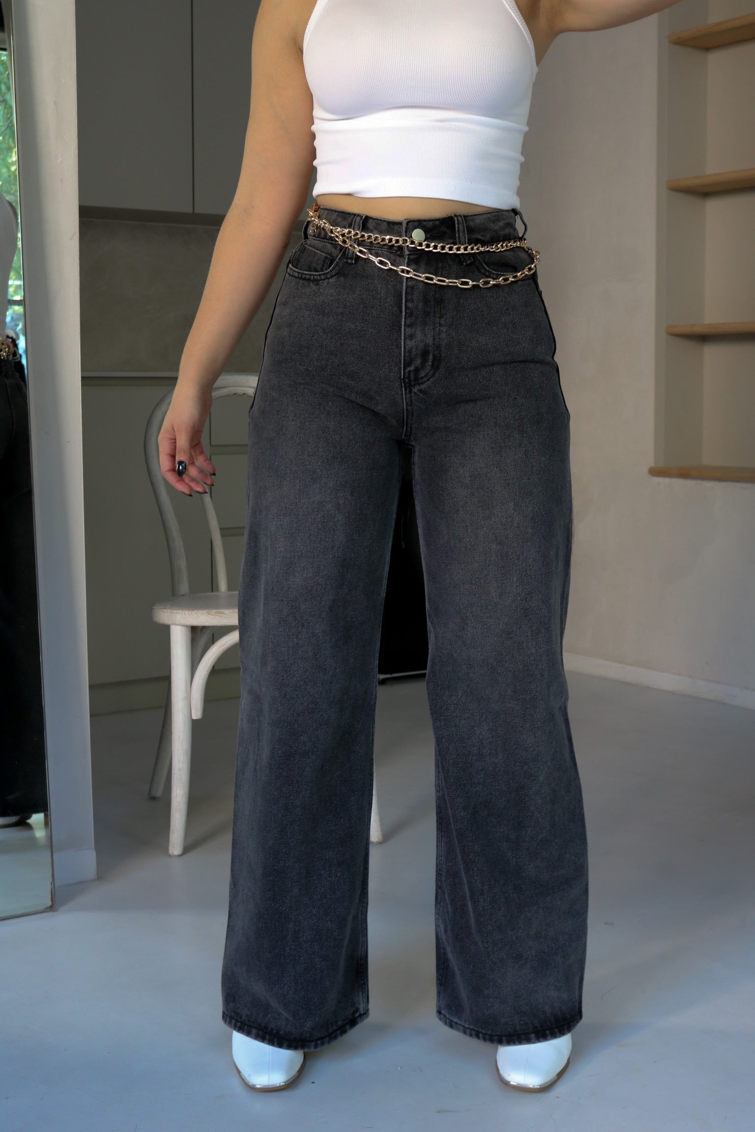 High Waisted Wide Fit Washed Denim in Black. Scarlette The Label, an online fashion boutique for women.