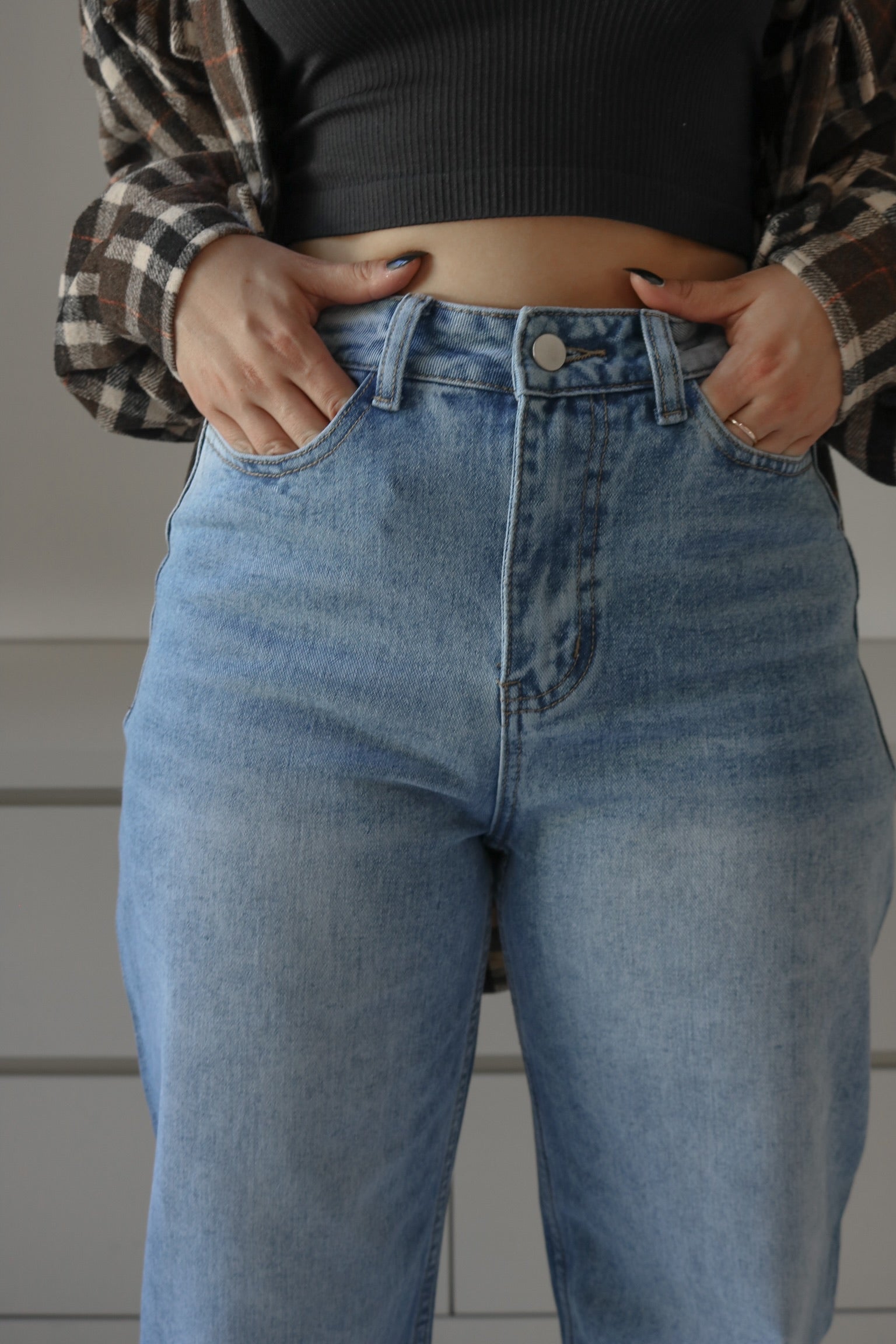 High Waisted Wide Fit Washed Denim. Scarlette The Label, an online fashion boutique for women.