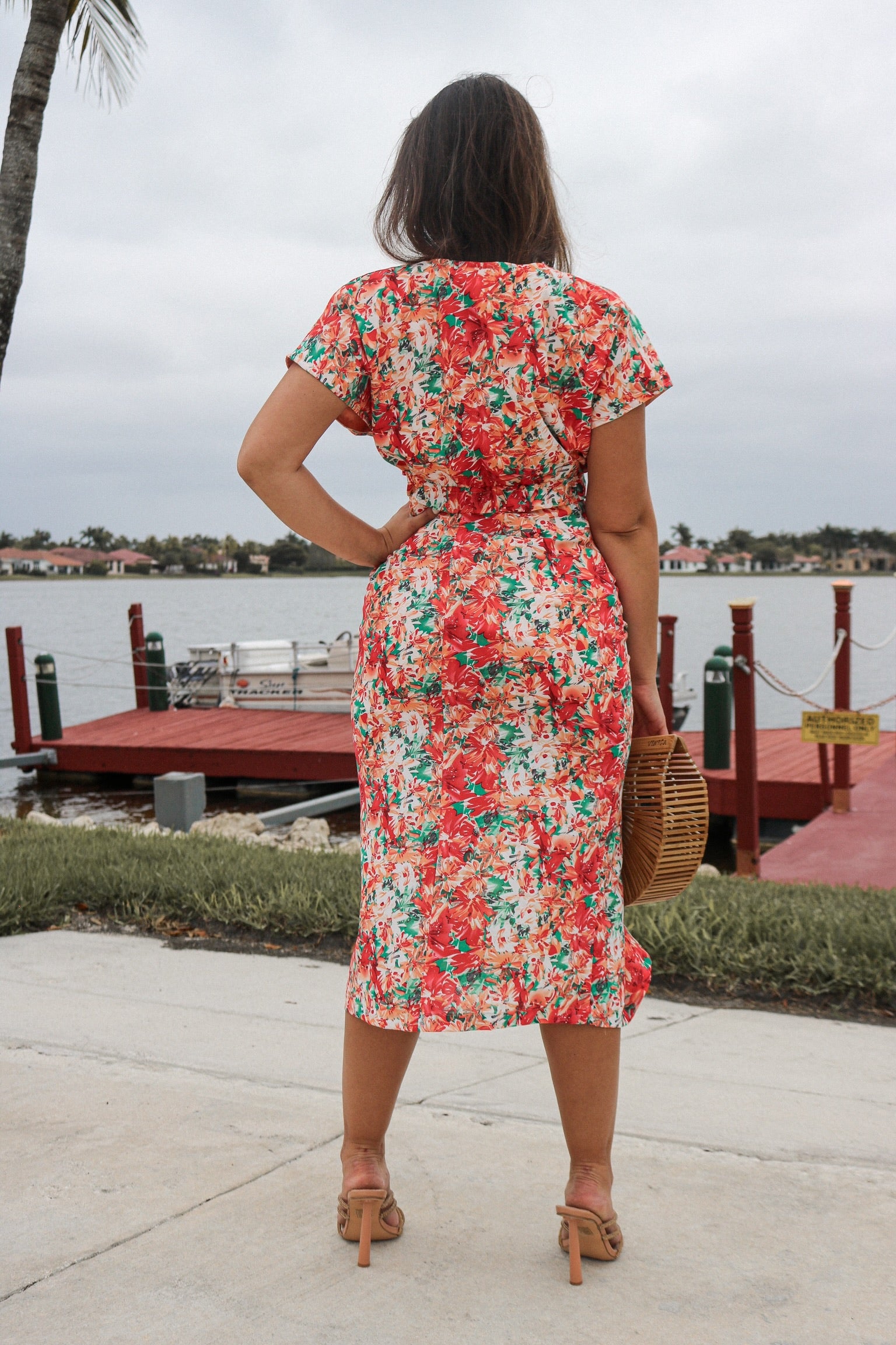 Ruched Plunge Skirt Set | Color: Orange Floral, Aqua and White Floral Accents, Scarlette The Label, an online fashion boutique for women.