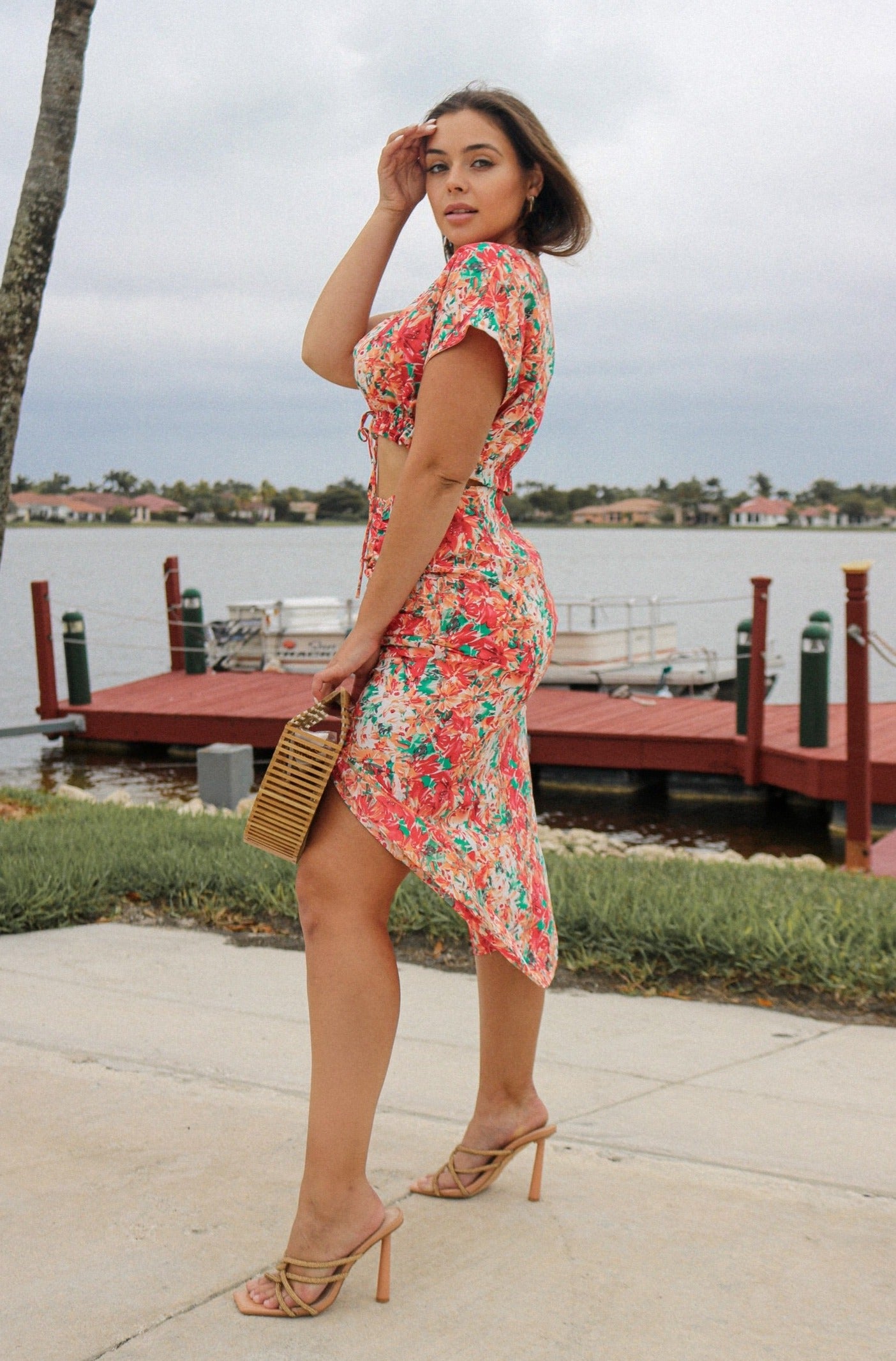 Ruched Plunge Skirt Set | Color: Orange Floral, Aqua and White Floral Accents, Scarlette The Label, an online fashion boutique for women.