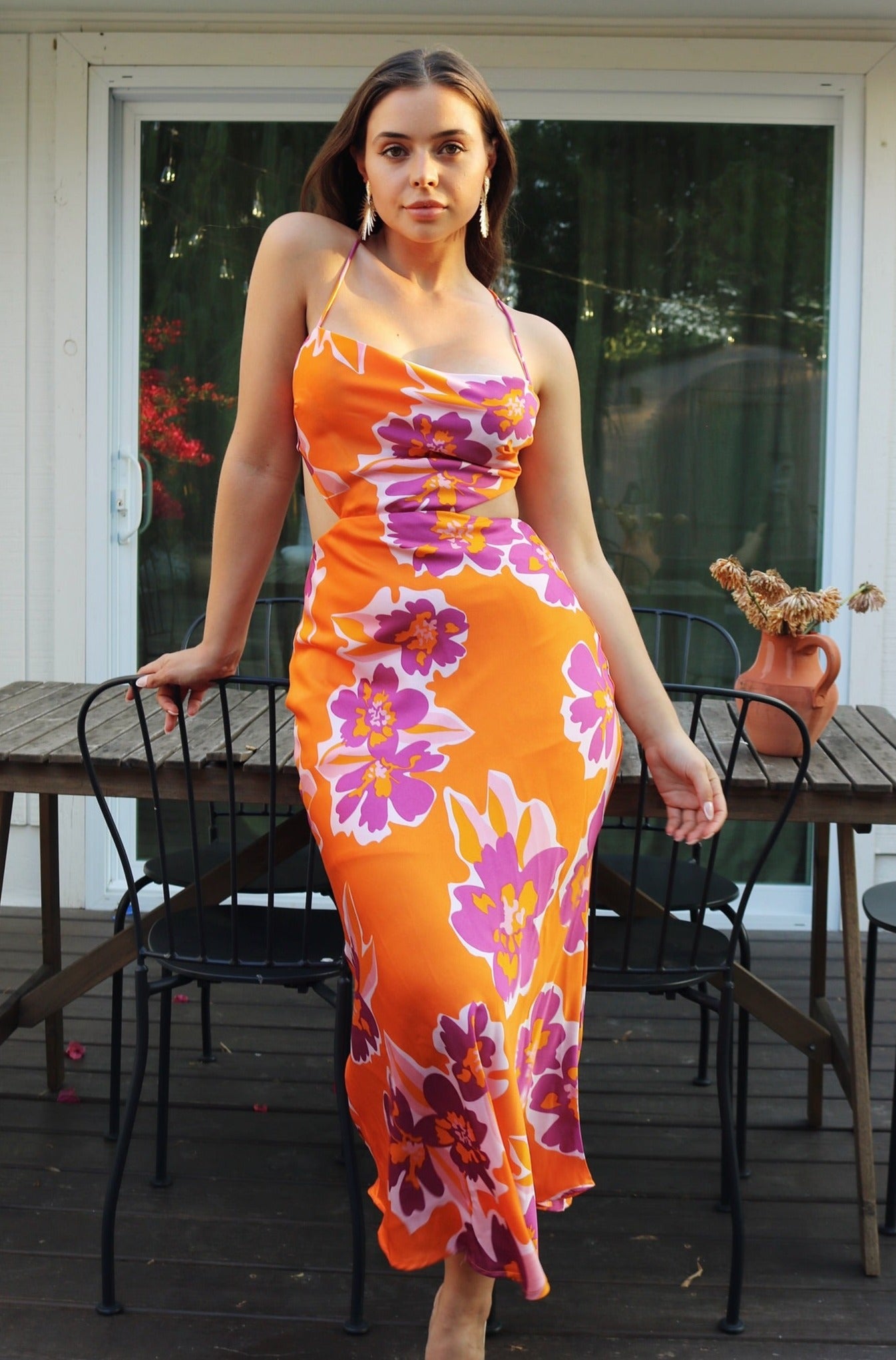 'Petunia' Halter Cut Out Midi Dress in Orange Floral. Scarlette The Label, an online fashion boutique for women.