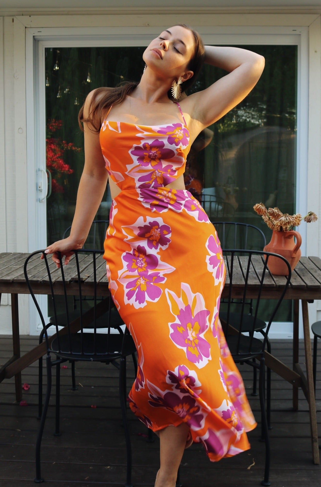 'Petunia' Halter Cut Out Midi Dress in Orange Floral. Scarlette The Label, an online fashion boutique for women.