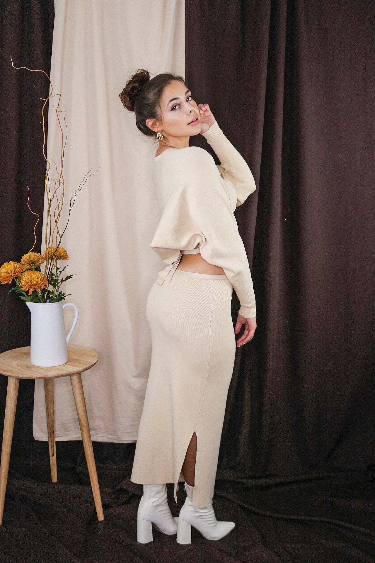 Three 3 Piece Sweater Skirt Set. Includes: Cropped Sweater, Tube Top and Surplice Knit Wrap Skirt. Inspired by Cult Gaia. Scarlette The Label, an online fashion boutique for women.