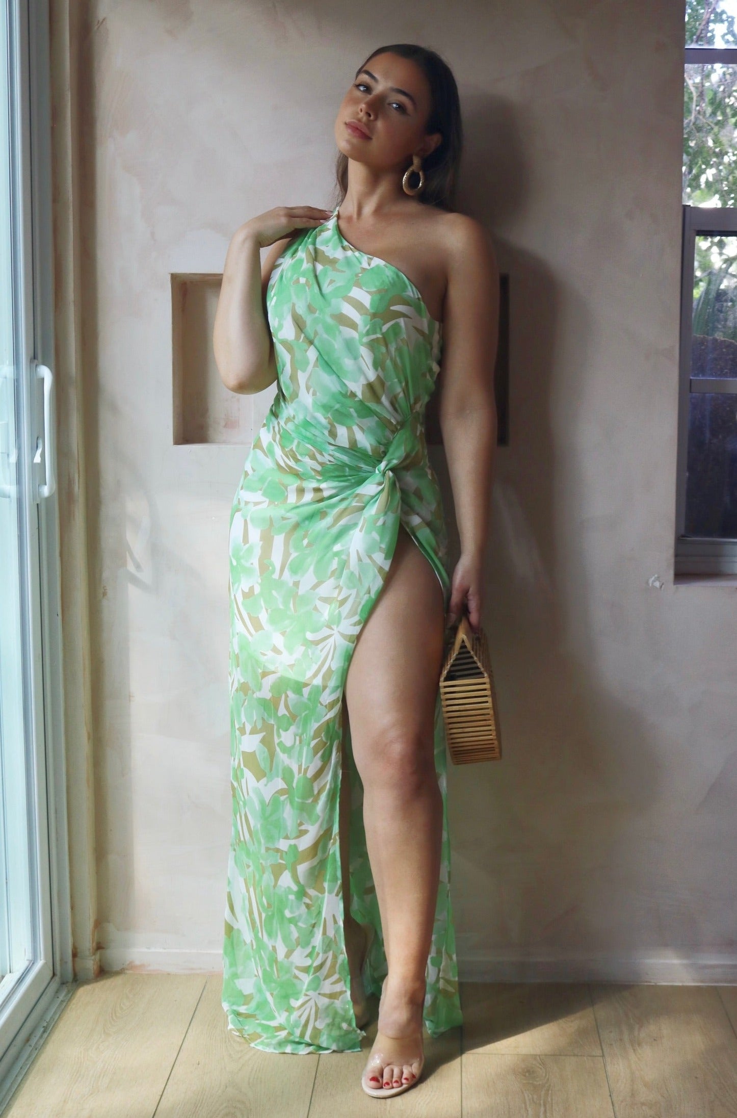 'Kalmia' Tropic One Shoulder Maxi Dress in Lime Print. Scarlette The Label, an online fashion boutique for women.