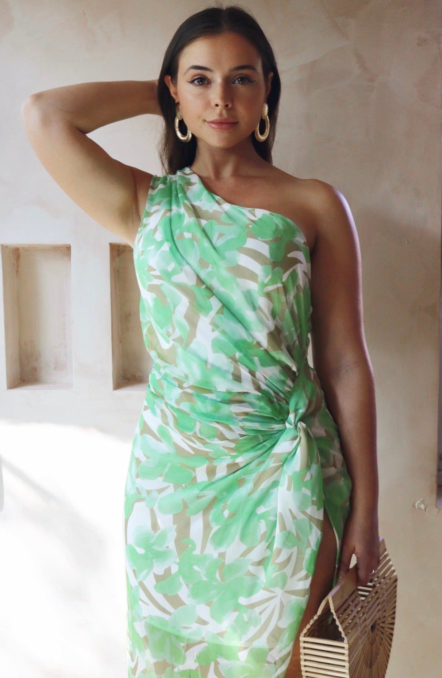 'Kalmia' Tropic One Shoulder Maxi Dress in Lime Print. Scarlette The Label, an online fashion boutique for women.