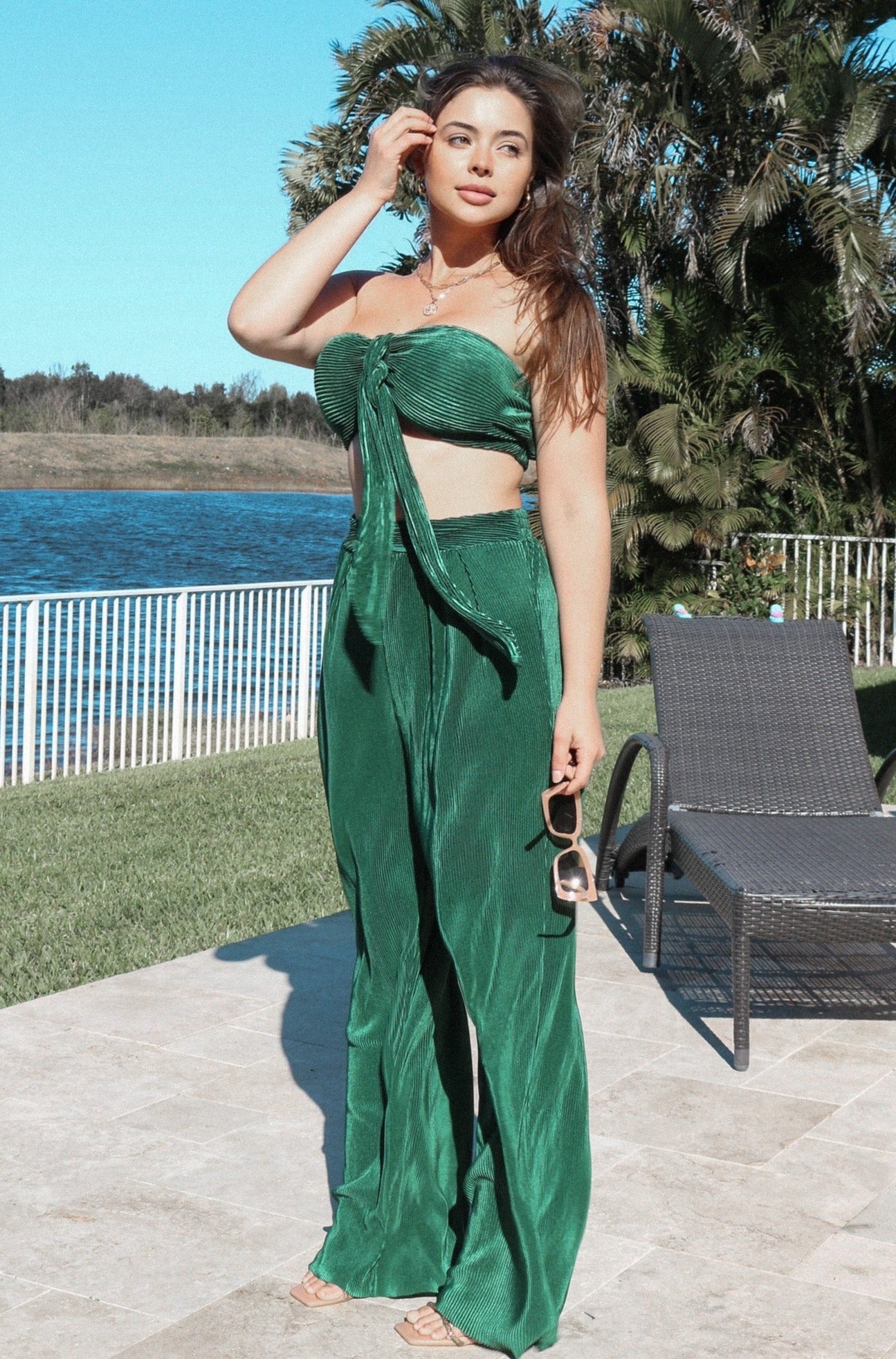 Corduroy Tie Top and Plisse Pant Set in Emerald. Scarlette The Label, an online fashion boutique for women.