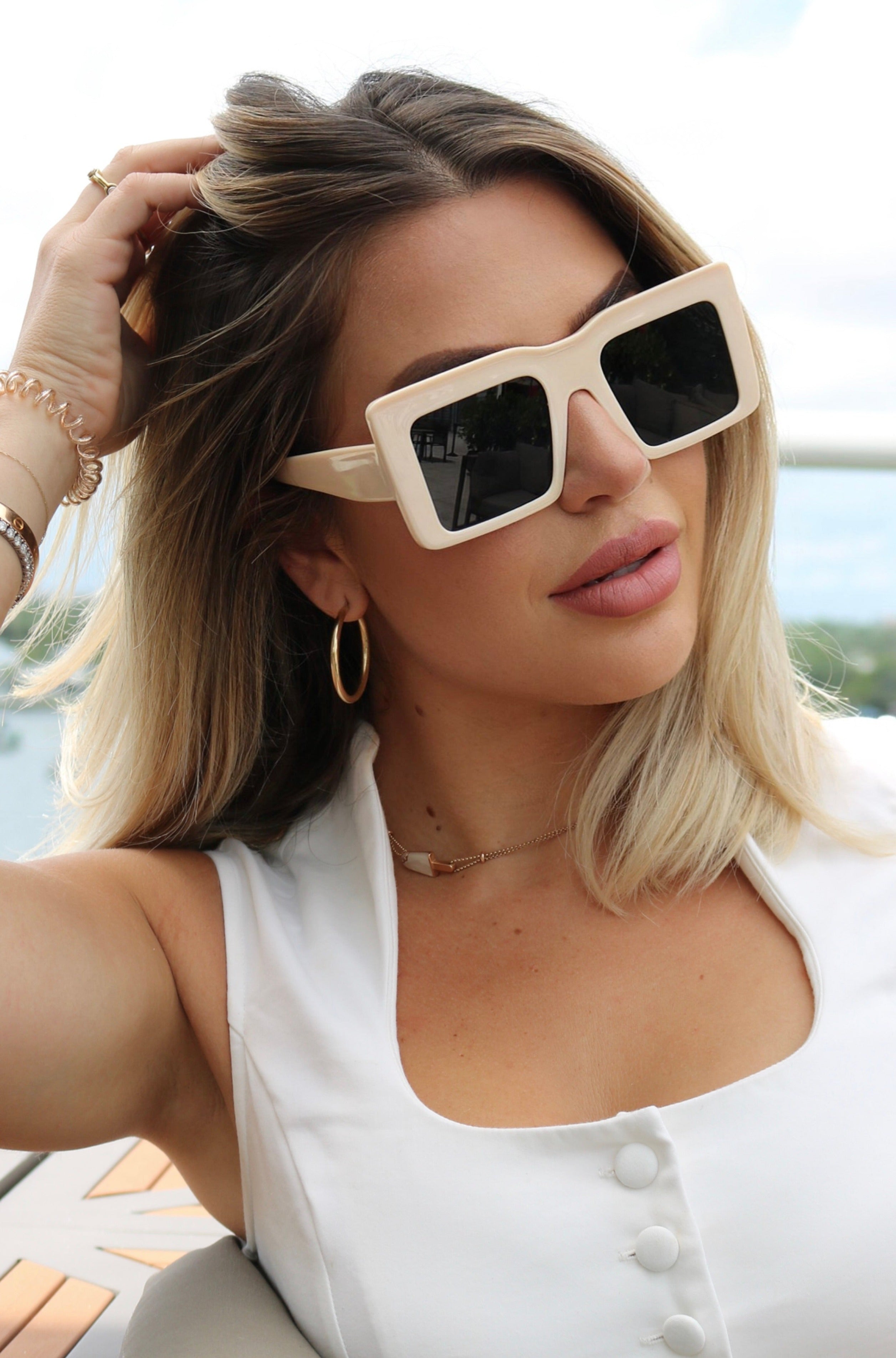 Color: Ivory Monotone Oversized Square Sunglasses Thick Framed Rims and Thick Temples, , Scarlette The Label