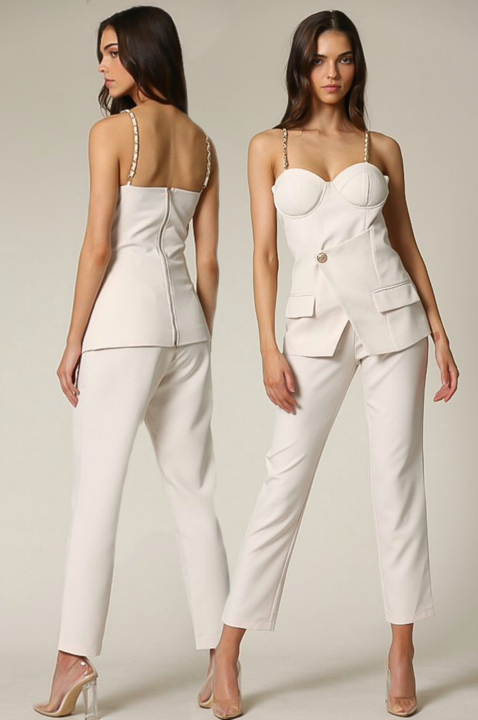Bodice Chain and Pocket Blazer Pant Set in Cream. Scarlette The Label, an online fashion boutique and label for women.