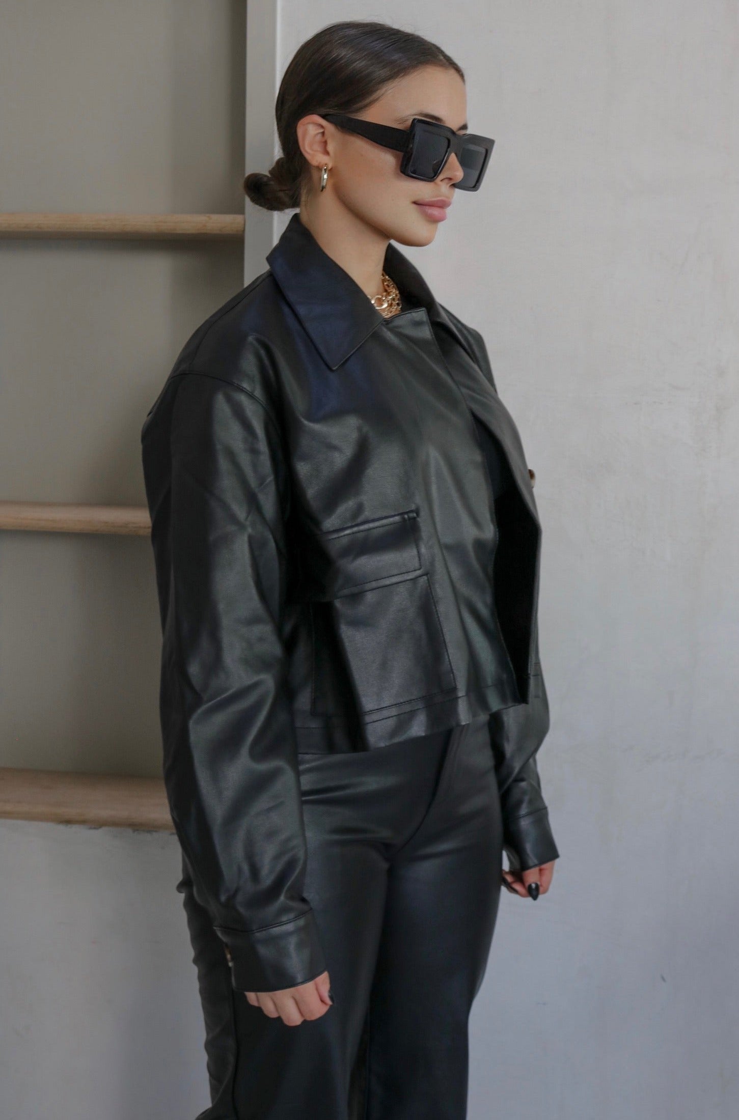 Collared Faux Leather Jacket in Black. Scarlette The Label, an online fashion boutique for women.