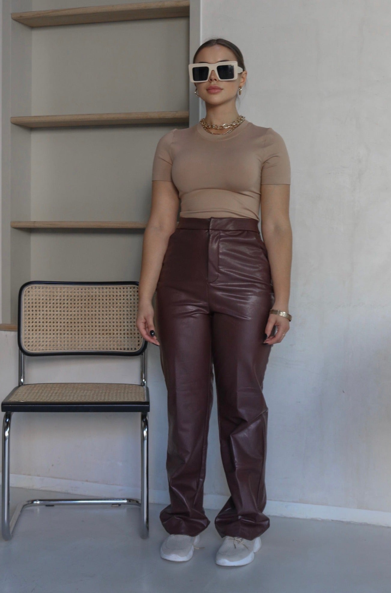 Faux Leather Pants in Chocolate Brown. Scarlette The Label, an online fashion boutique for women.