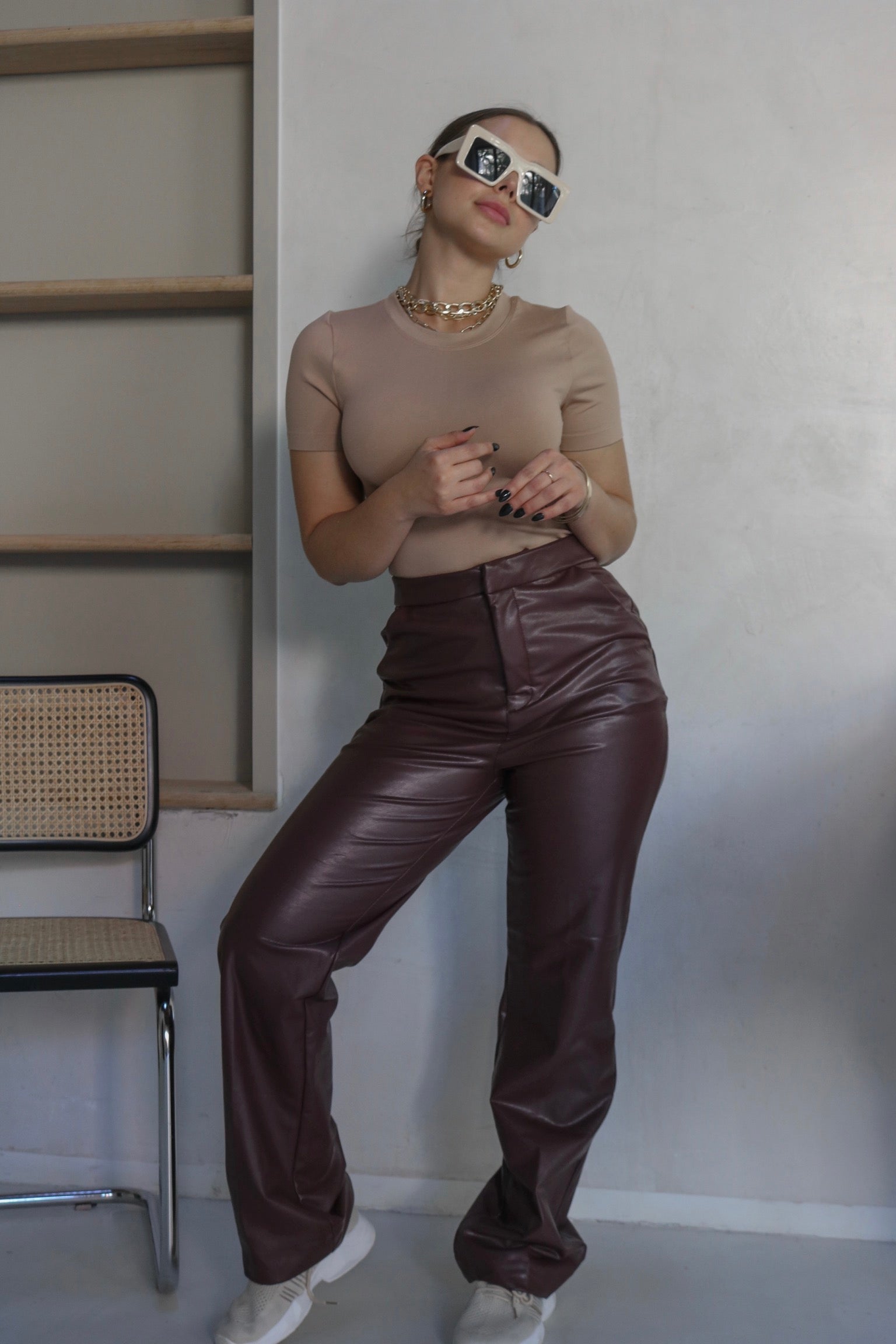 Faux Leather Pants in Chocolate Brown. Scarlette The Label, an online fashion boutique for women.