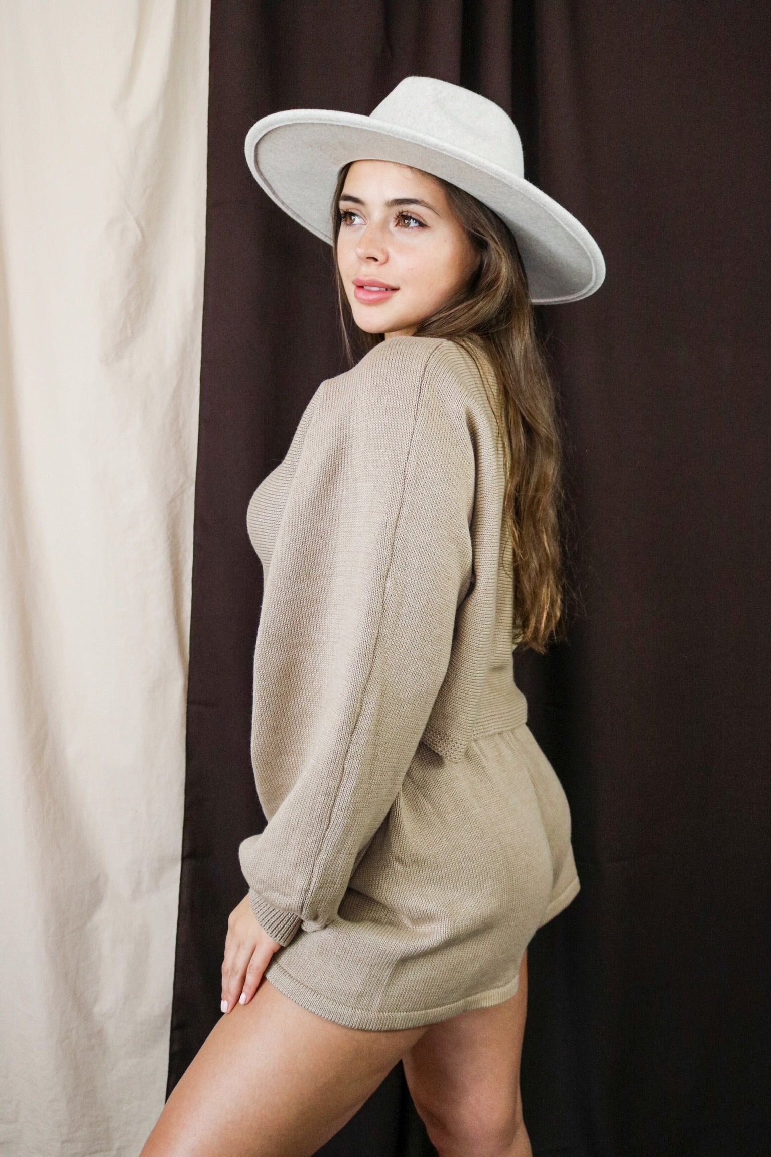 Long sleeve knitted cotton sweater loungewear set and drawstring shorts in Mocha. Scarlette The Label, an online fashion boutique for women.