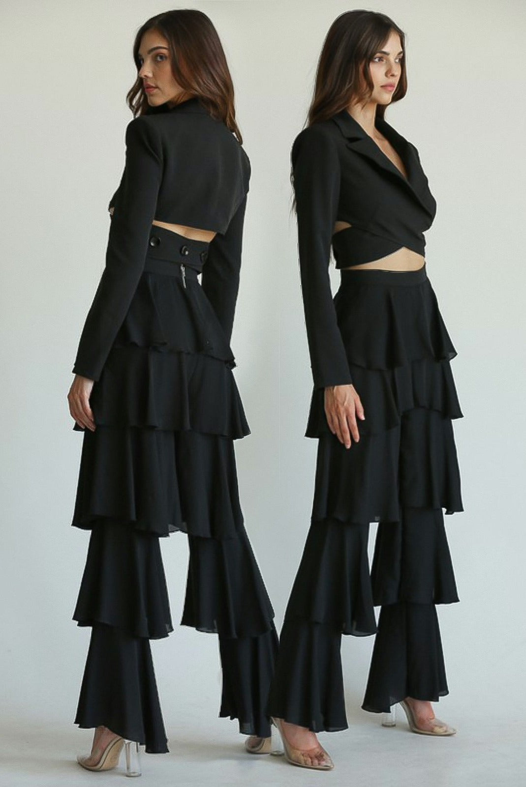 'Nikola' Surplice Blazer Pant Set in Black