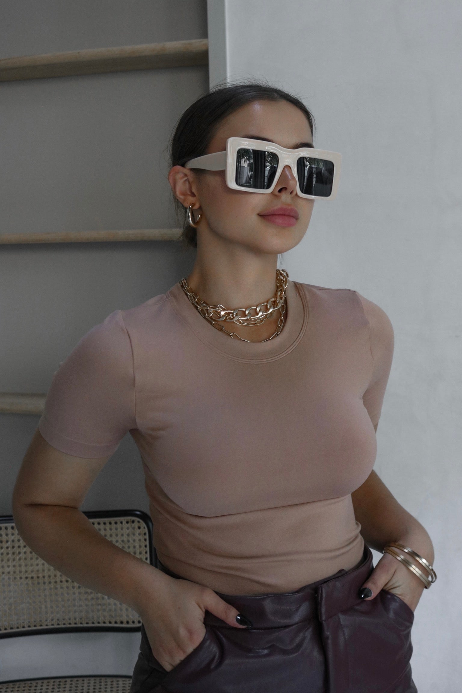 Smooth Banded Tee in Nude, Scarlette The Label, an online fashion boutique for women.