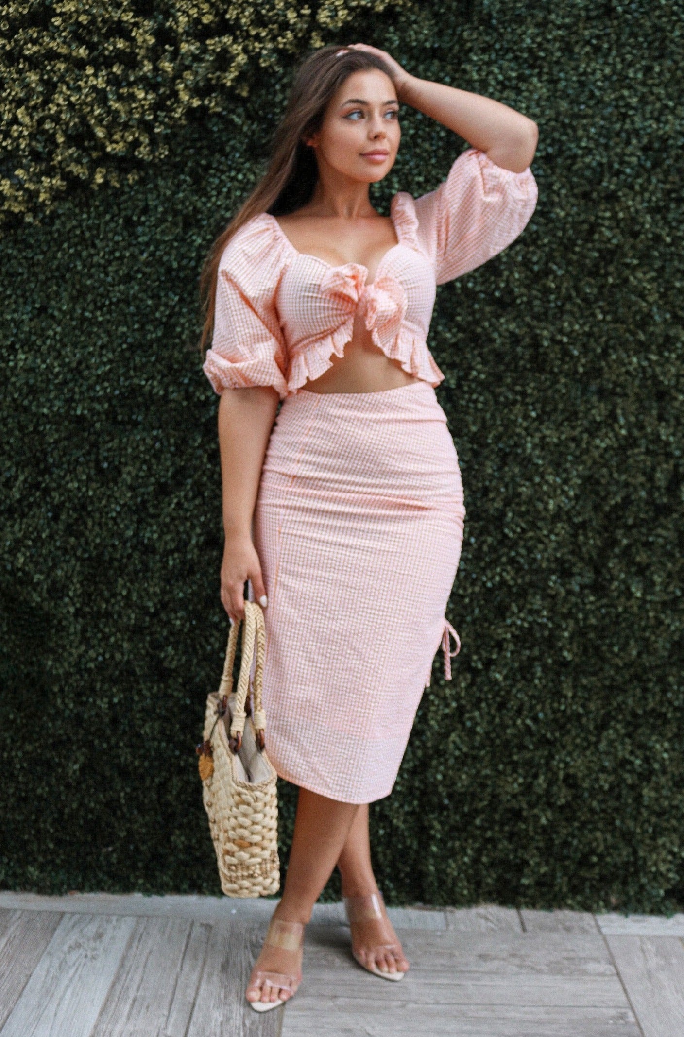 Gingham Spring Ruched Skirt Set w/ Tie Top in Orange and White, Scarlette The Label, an online fashion boutique for women.